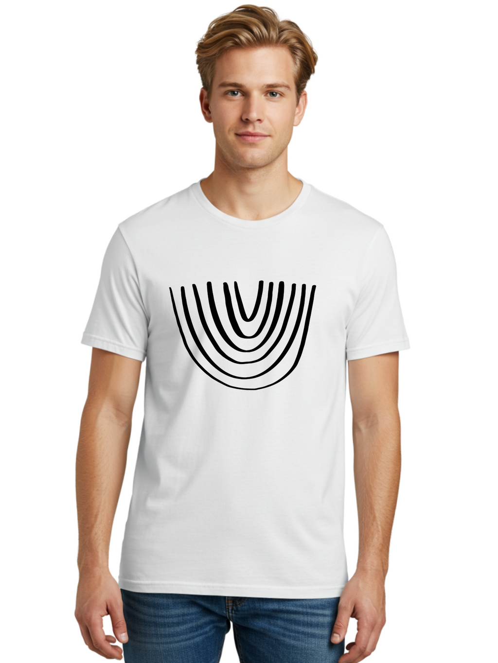 Stacked-Arches Men'S Graphic Tee, 100% Cotton, Comfortable Casual Summer Wear, Machine Washable, Black Arches, Curved Lines, Minimalist Design, Simple Shapes, Abstract Art, Geometric Pattern, Bold Graphics -  Aaa491