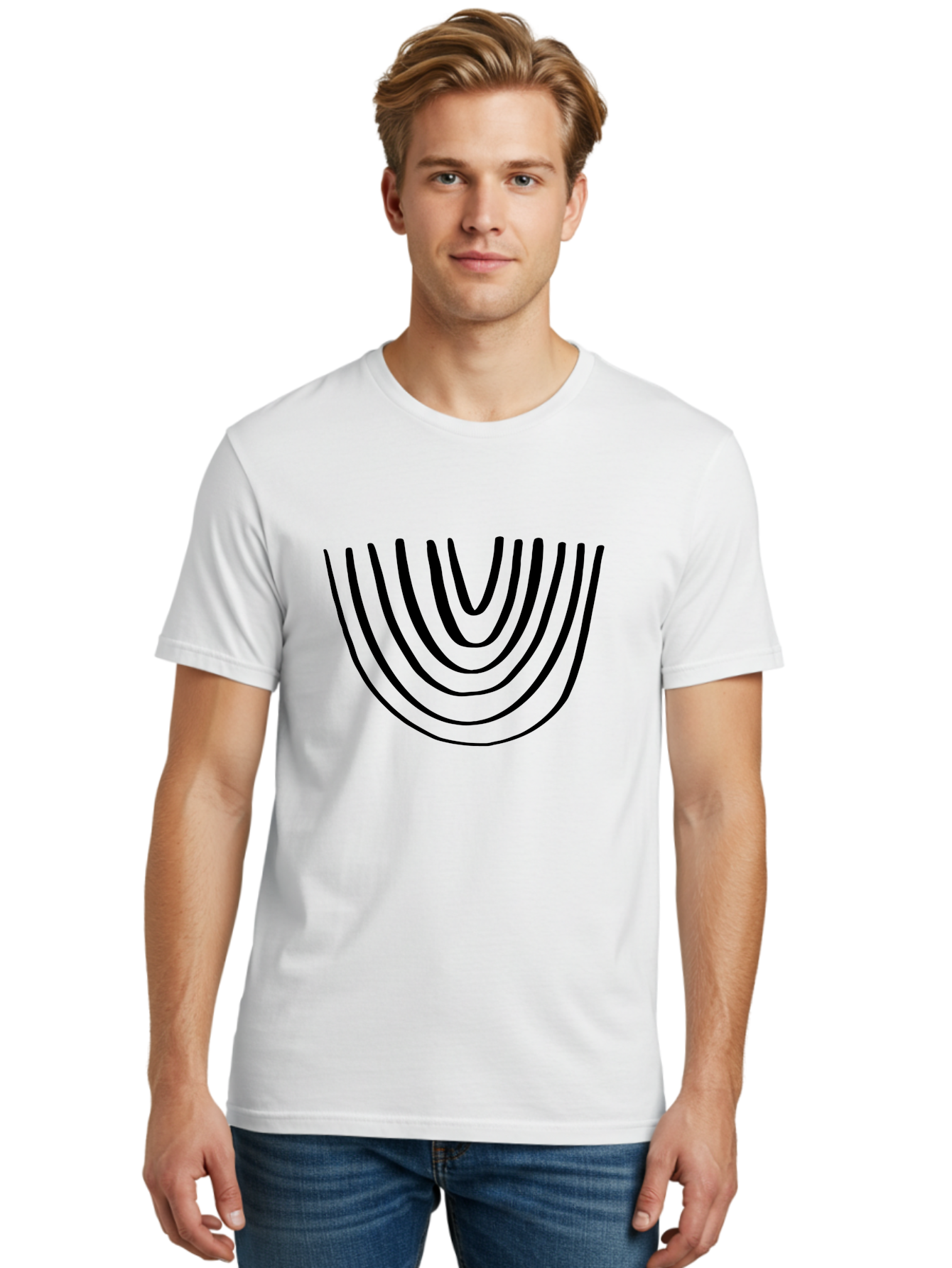Stacked-Arches Men'S Graphic Tee, 100% Cotton, Comfortable Casual Summer Wear, Machine Washable, Black Arches, Curved Lines, Minimalist Design, Simple Shapes, Abstract Art, Geometric Pattern, Bold Graphics -  Aaa491
