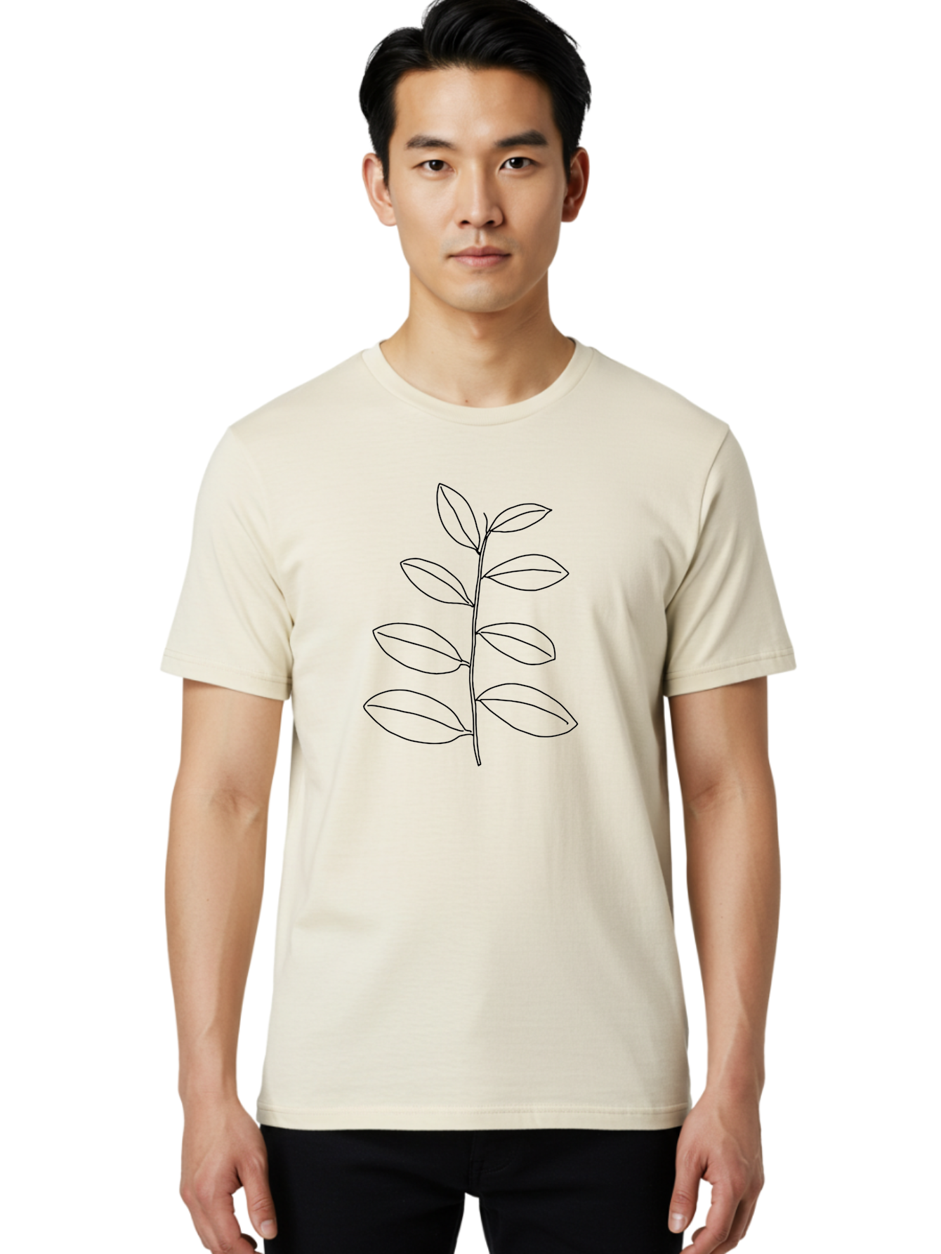 Stem-With-Leaves Men'S Graphic Tee, 100% Cotton, Comfortable Casual Summer Wear, Machine Washable, Simple Line Art, Minimalist Design, Leafy Stem, Botanical Illustration, Natural Elements, Outline Art, Black Lines, Foliage -  Aaa493
