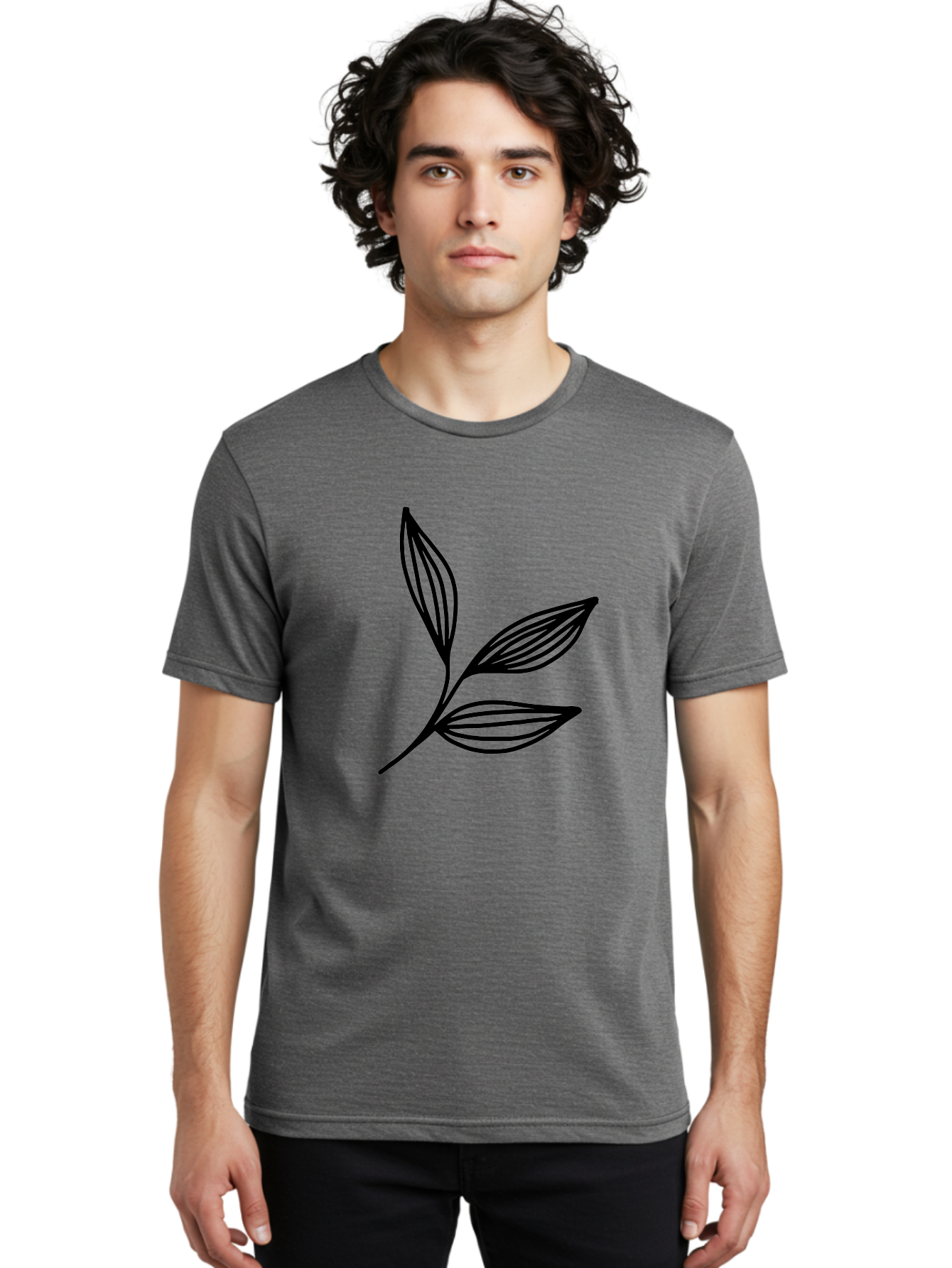 Three-Leaf-Stem Men'S Graphic Tee, 100% Cotton, Comfortable Casual Summer Wear, Machine Washable, Minimalist Leaf Design, Simple Line Art, Botanical Illustration, Three Leaves, Black Outline, Natural Theme, Eco-Friendly, Organic Shape -  Aaa498