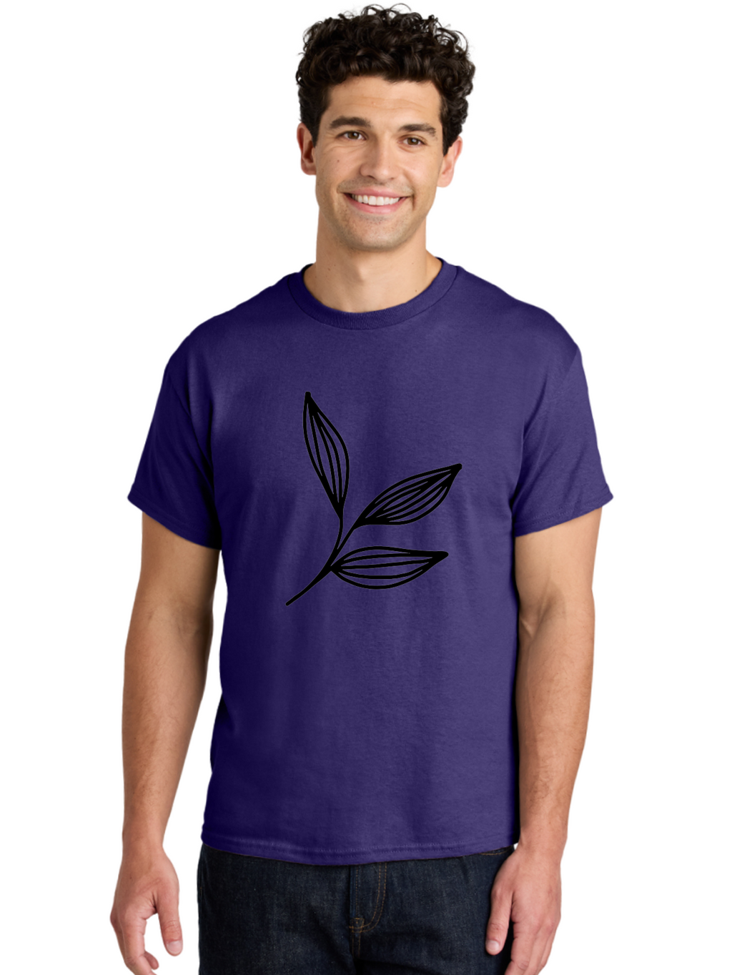 Three-Leaf-Stem Men'S Graphic Tee, 100% Cotton, Comfortable Casual Summer Wear, Machine Washable, Minimalist Leaf Design, Simple Line Art, Botanical Illustration, Three Leaves, Black Outline, Natural Theme, Eco-Friendly, Organic Shape -  Aaa498