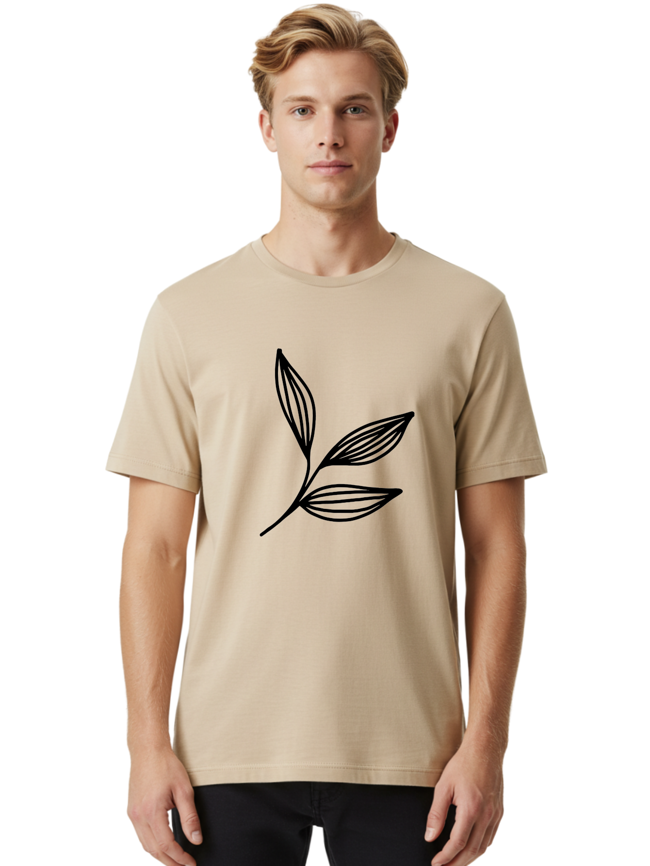 Three-Leaf-Stem Men'S Graphic Tee, 100% Cotton, Comfortable Casual Summer Wear, Machine Washable, Minimalist Leaf Design, Simple Line Art, Botanical Illustration, Three Leaves, Black Outline, Natural Theme, Eco-Friendly, Organic Shape -  Aaa498