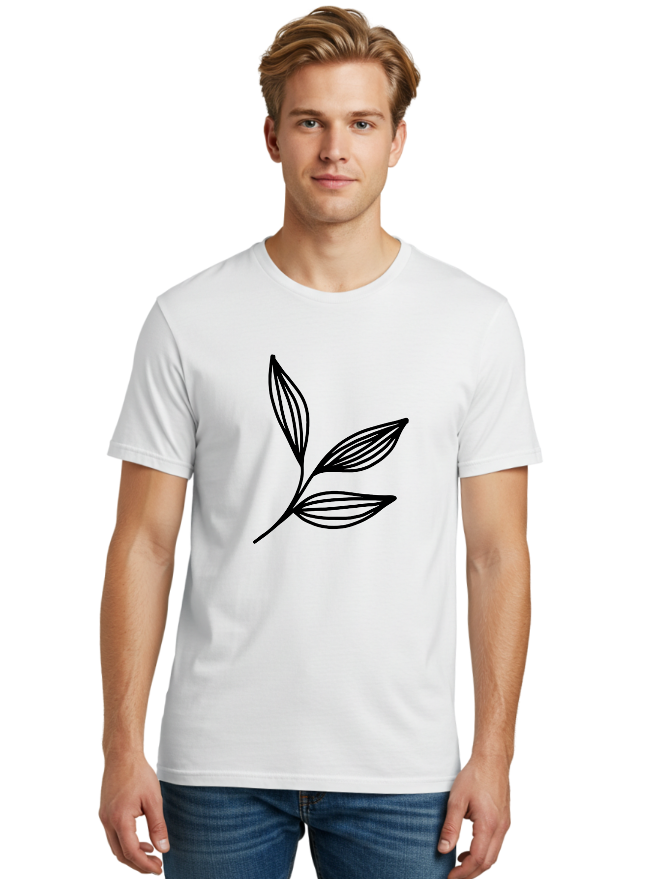 Three-Leaf-Stem Men'S Graphic Tee, 100% Cotton, Comfortable Casual Summer Wear, Machine Washable, Minimalist Leaf Design, Simple Line Art, Botanical Illustration, Three Leaves, Black Outline, Natural Theme, Eco-Friendly, Organic Shape -  Aaa498