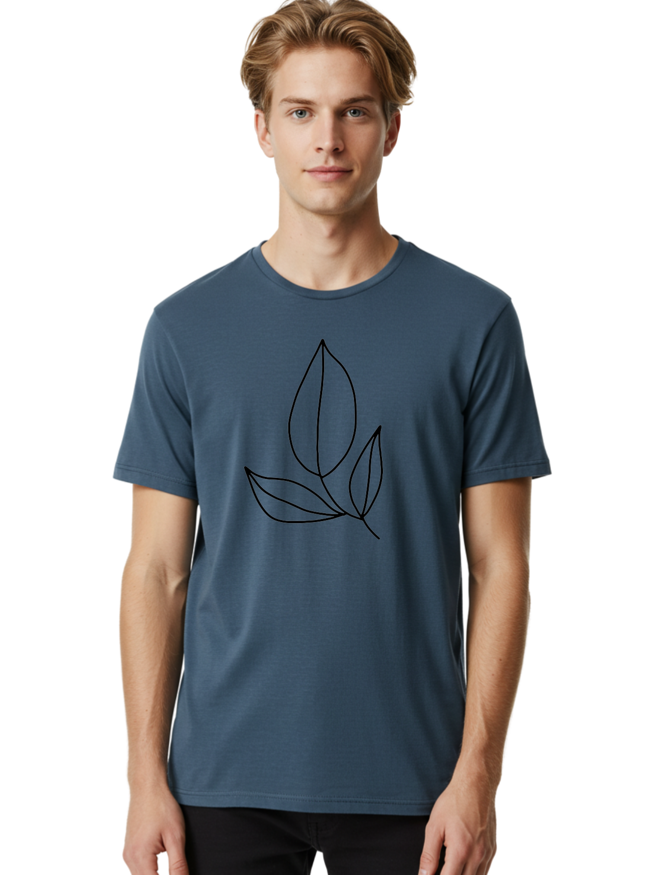 Three-Leaves Men'S Graphic Tee, 100% Cotton, Comfortable Casual Summer Wear, Machine Washable, Simple Leaf Design, Minimalist Art, Leaf Illustration, Black Lines, Leaf Silhouettes, Nature-Inspired Graphics, Botanical Art, Clean Lines, -  Aaa500