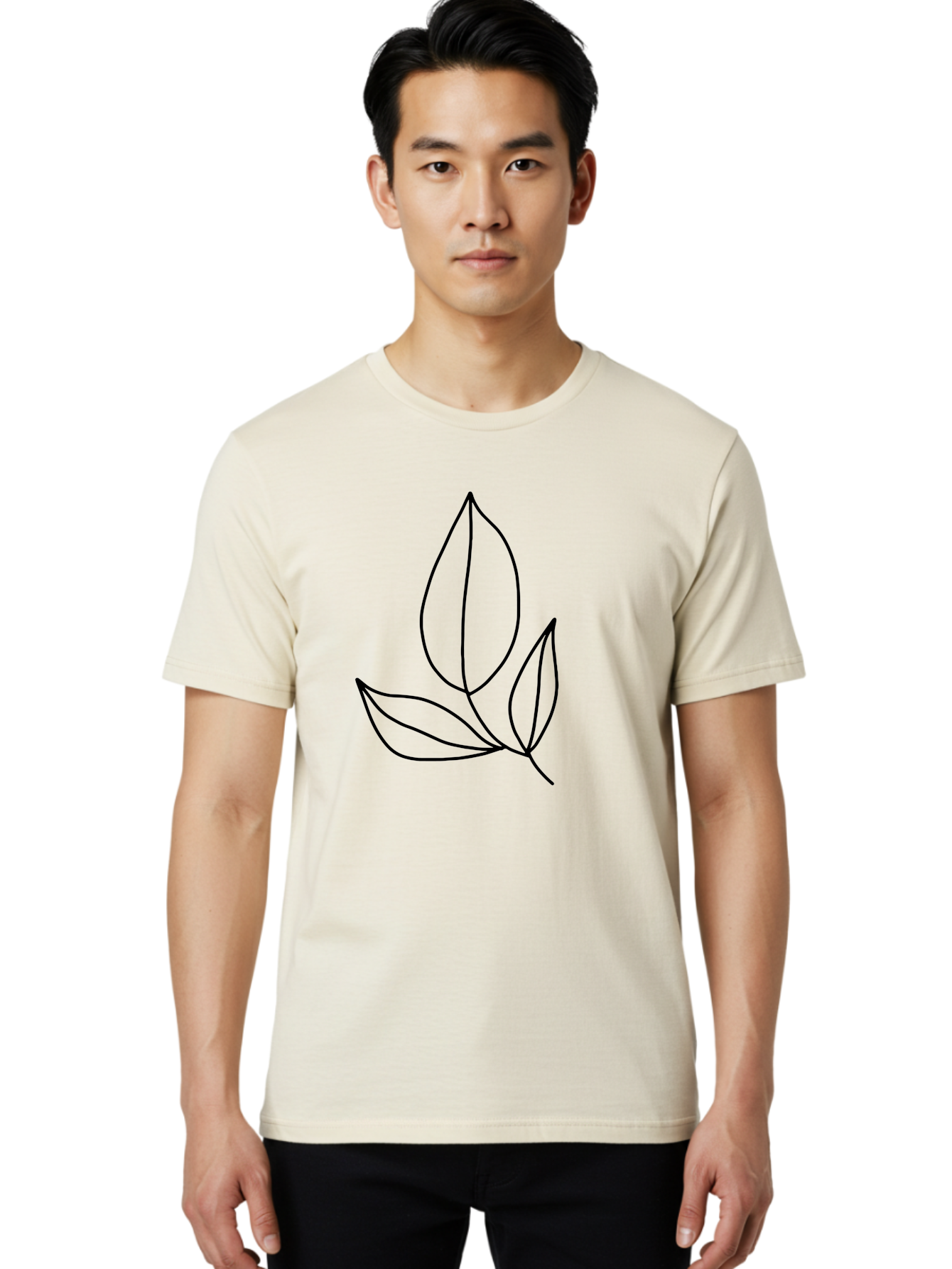 Three-Leaves Men'S Graphic Tee, 100% Cotton, Comfortable Casual Summer Wear, Machine Washable, Simple Leaf Design, Minimalist Art, Leaf Illustration, Black Lines, Leaf Silhouettes, Nature-Inspired Graphics, Botanical Art, Clean Lines, -  Aaa500