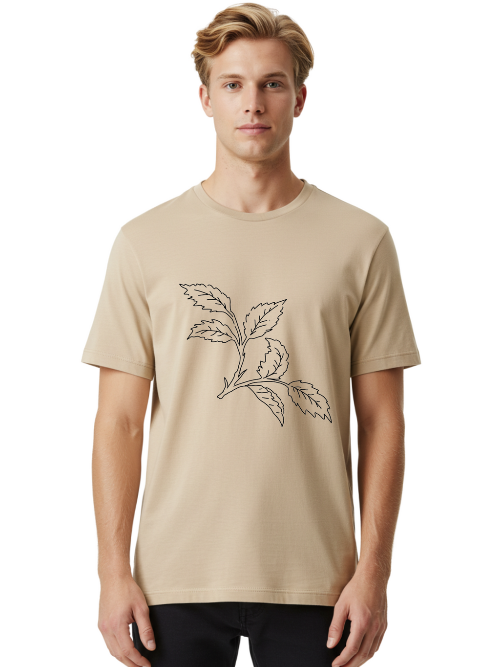 Tomato-Branch Men'S Graphic Tee, 100% Cotton, Comfortable Casual Summer Wear, Machine Washable, Tomato Leaves, Leafy Greens, Botanical Illustration, Leaf Structure, Simple Line Art, Garden Graphics, Vegetable Art -  Aaa502