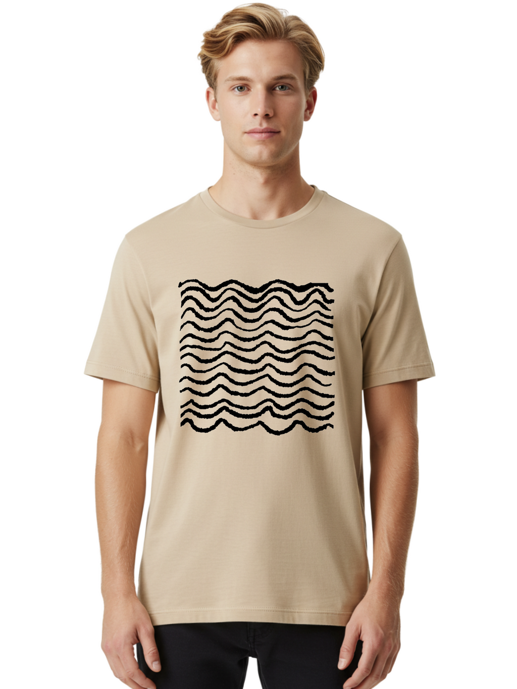 Wavy-Lines-Pattern Men'S Graphic Tee, 100% Cotton, Comfortable Casual Summer Wear, Machine Washable, Wavy Lines, Black Lines, Fluid Patterns, Abstract Design, Wavy Shapes, Modern Art, Graphic Elements, Dynamic Curves -  Aaa508