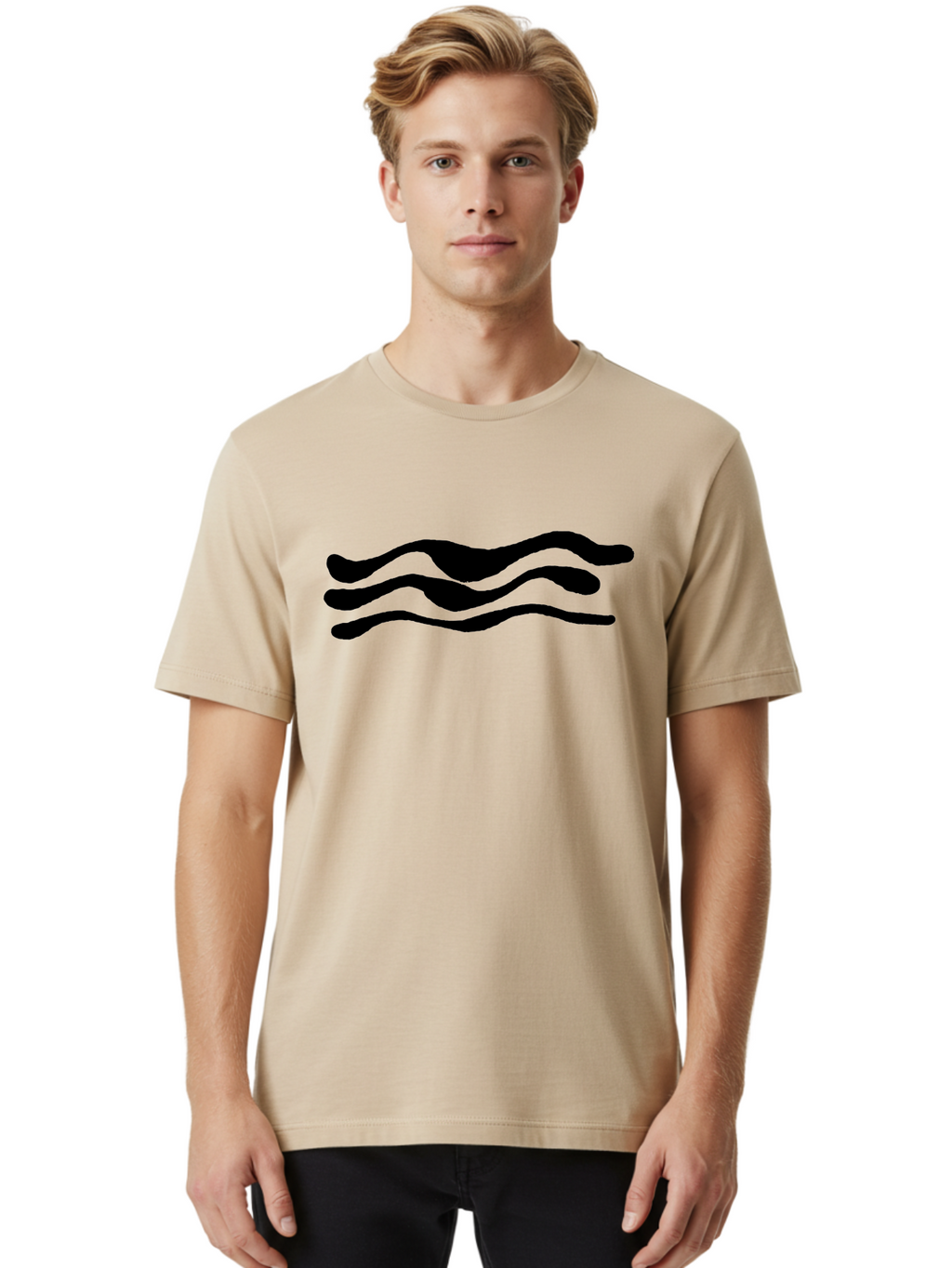 Wavy-Lines Men'S Graphic Tee, 100% Cotton, Comfortable Casual Summer Wear, Machine Washable, Wavy Lines, Abstract Design, Minimalist Art, Fluid Shapes, Dynamic Pattern, Modern Graphic -  Aaa509