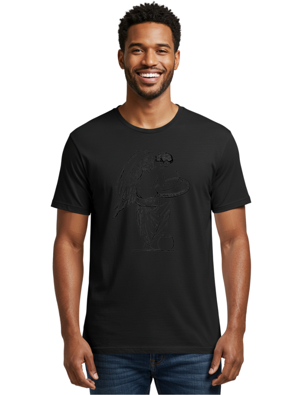 Angel-Playing-Tambourine Men'S Graphic Tee, 100% Cotton, Comfortable Casual Summer Wear, Machine Washable, Angel Playing Drum, Heavenly Music, Divine Art, Classical Illustration, Ethereal Beauty, Artistic Expression, Mythical Being, -  Aaa513