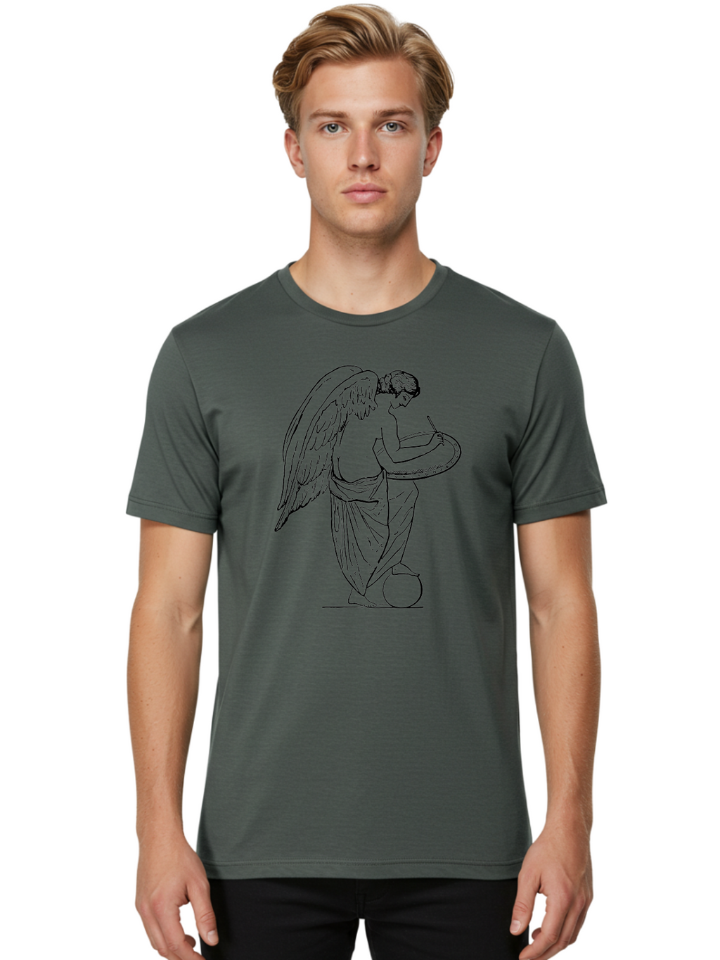Angel-Playing-Tambourine Men'S Graphic Tee, 100% Cotton, Comfortable Casual Summer Wear, Machine Washable, Angel Playing Drum, Heavenly Music, Divine Art, Classical Illustration, Ethereal Beauty, Artistic Expression, Mythical Being, -  Aaa513