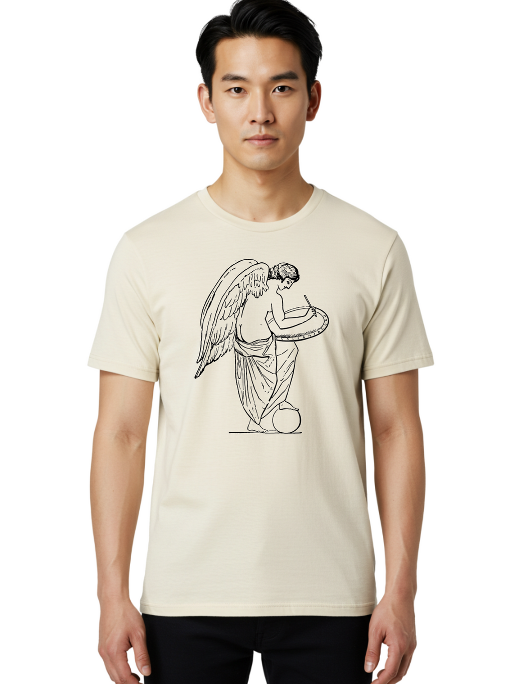 Angel-Playing-Tambourine Men'S Graphic Tee, 100% Cotton, Comfortable Casual Summer Wear, Machine Washable, Angel Playing Drum, Heavenly Music, Divine Art, Classical Illustration, Ethereal Beauty, Artistic Expression, Mythical Being, -  Aaa513