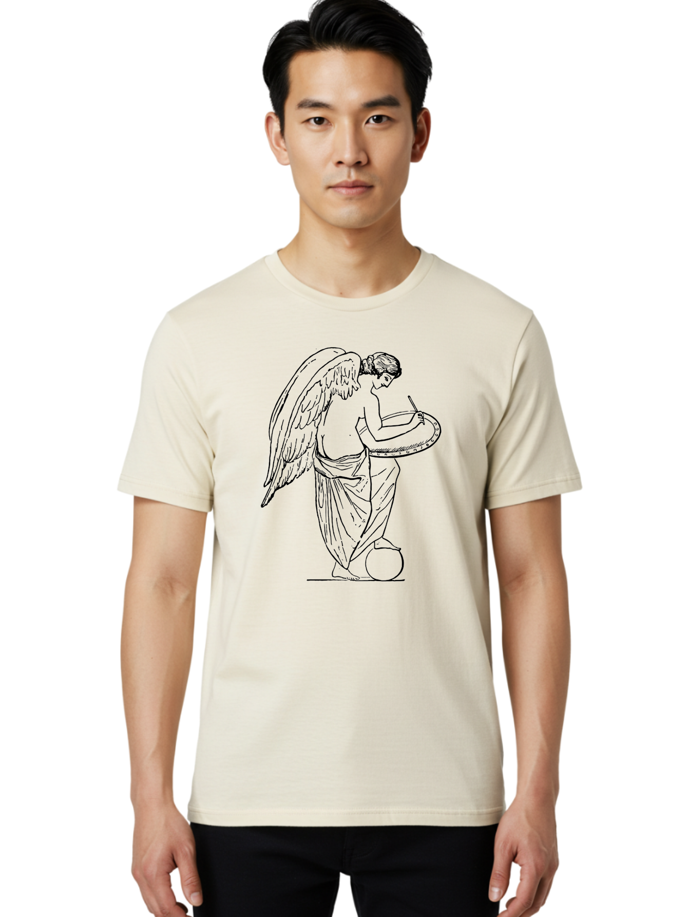 Angel-Playing-Tambourine Men'S Graphic Tee, 100% Cotton, Comfortable Casual Summer Wear, Machine Washable, Angel Playing Drum, Heavenly Music, Divine Art, Classical Illustration, Ethereal Beauty, Artistic Expression, Mythical Being, -  Aaa513