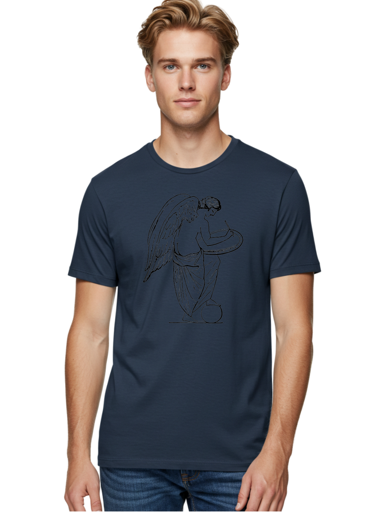 Angel-Playing-Tambourine Men'S Graphic Tee, 100% Cotton, Comfortable Casual Summer Wear, Machine Washable, Angel Playing Drum, Heavenly Music, Divine Art, Classical Illustration, Ethereal Beauty, Artistic Expression, Mythical Being, -  Aaa513