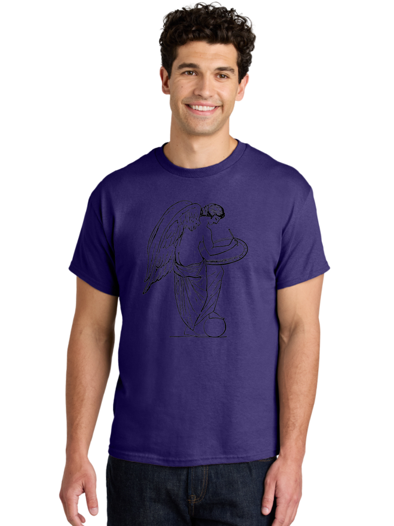 Angel-Playing-Tambourine Men'S Graphic Tee, 100% Cotton, Comfortable Casual Summer Wear, Machine Washable, Angel Playing Drum, Heavenly Music, Divine Art, Classical Illustration, Ethereal Beauty, Artistic Expression, Mythical Being, -  Aaa513