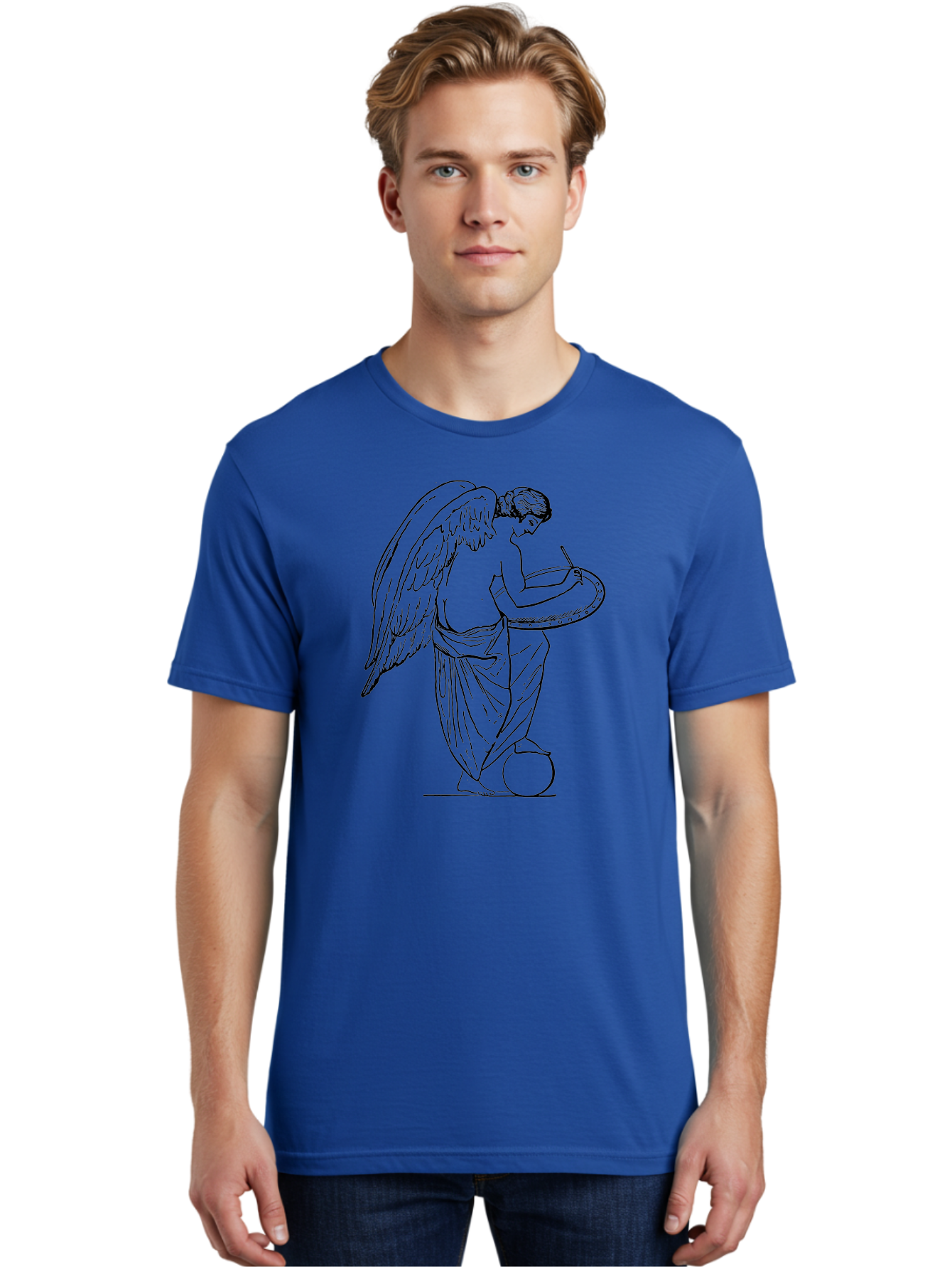 Angel-Playing-Tambourine Men'S Graphic Tee, 100% Cotton, Comfortable Casual Summer Wear, Machine Washable, Angel Playing Drum, Heavenly Music, Divine Art, Classical Illustration, Ethereal Beauty, Artistic Expression, Mythical Being, -  Aaa513