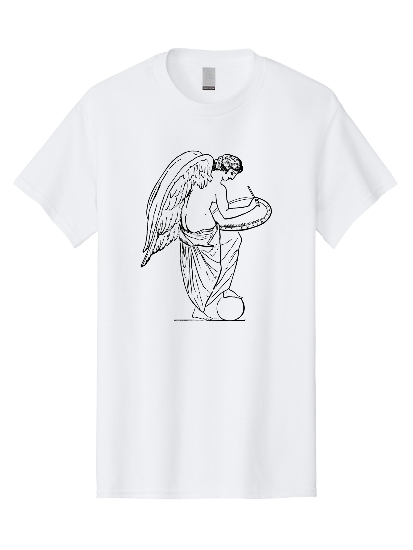 Angel-Playing-Tambourine Men'S Graphic Tee, 100% Cotton, Comfortable Casual Summer Wear, Machine Washable, Angel Playing Drum, Heavenly Music, Divine Art, Classical Illustration, Ethereal Beauty, Artistic Expression, Mythical Being, -  Aaa513