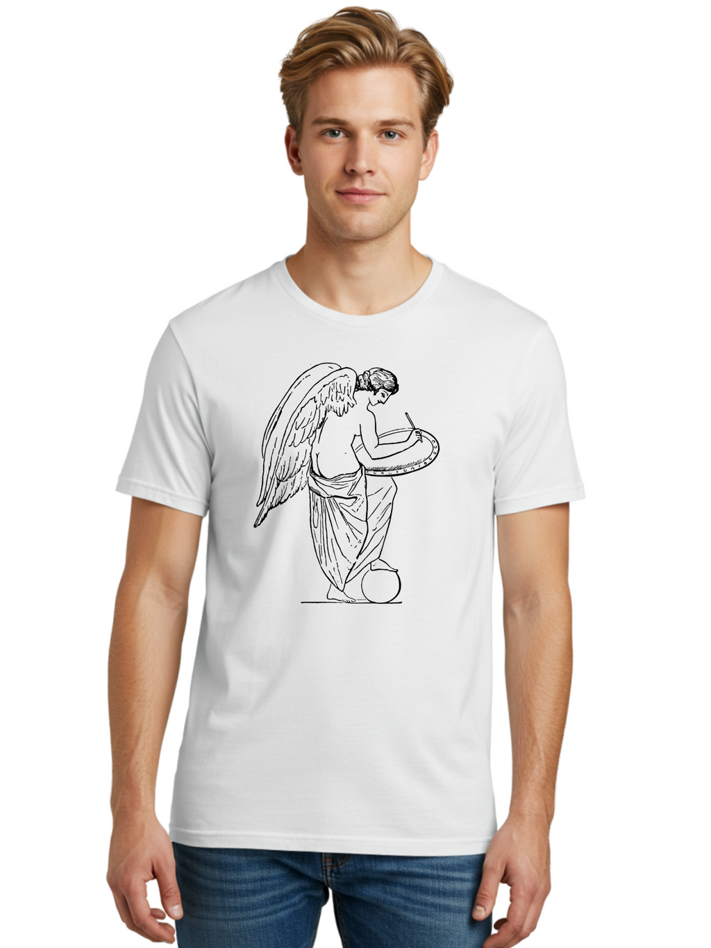Angel-Playing-Tambourine Men'S Graphic Tee, 100% Cotton, Comfortable Casual Summer Wear, Machine Washable, Angel Playing Drum, Heavenly Music, Divine Art, Classical Illustration, Ethereal Beauty, Artistic Expression, Mythical Being, -  Aaa513