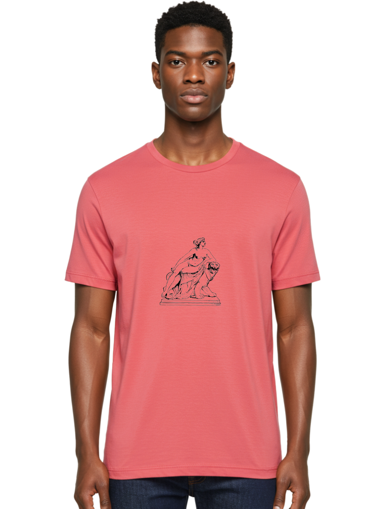 Aphrodite-Riding-Lion Men'S Graphic Tee, 100% Cotton, Comfortable Casual Summer Wear, Machine Washable, Classical Art, Greek Mythology, Female Figure, Lion Statue, Nude Woman, Goddess Aphrodite, Sensual Pose, Elegant Draping, -  Aaa514