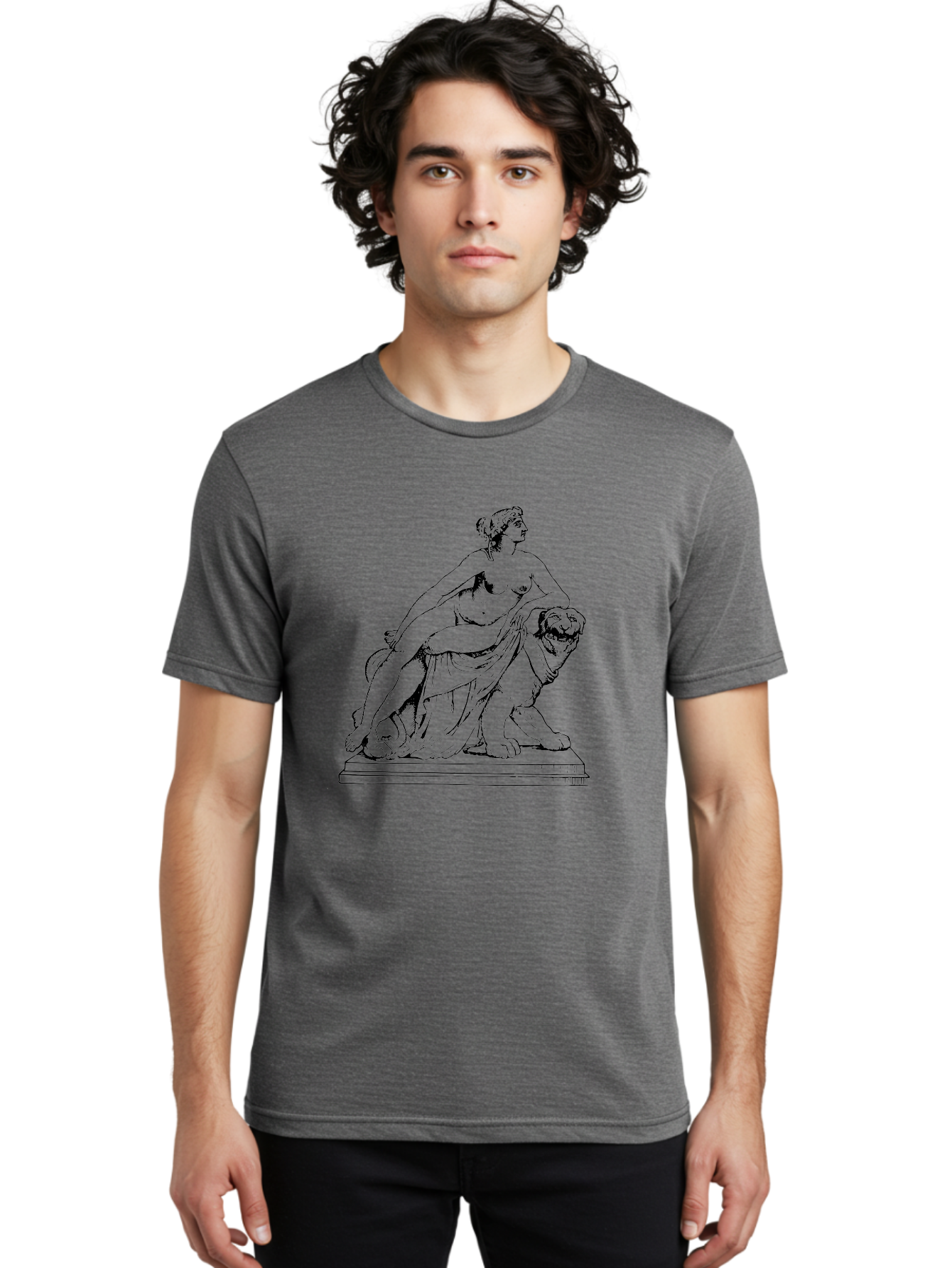 Aphrodite-Riding-Lion Men'S Graphic Tee, 100% Cotton, Comfortable Casual Summer Wear, Machine Washable, Classical Art, Greek Mythology, Female Figure, Lion Statue, Nude Woman, Goddess Aphrodite, Sensual Pose, Elegant Draping, -  Aaa514