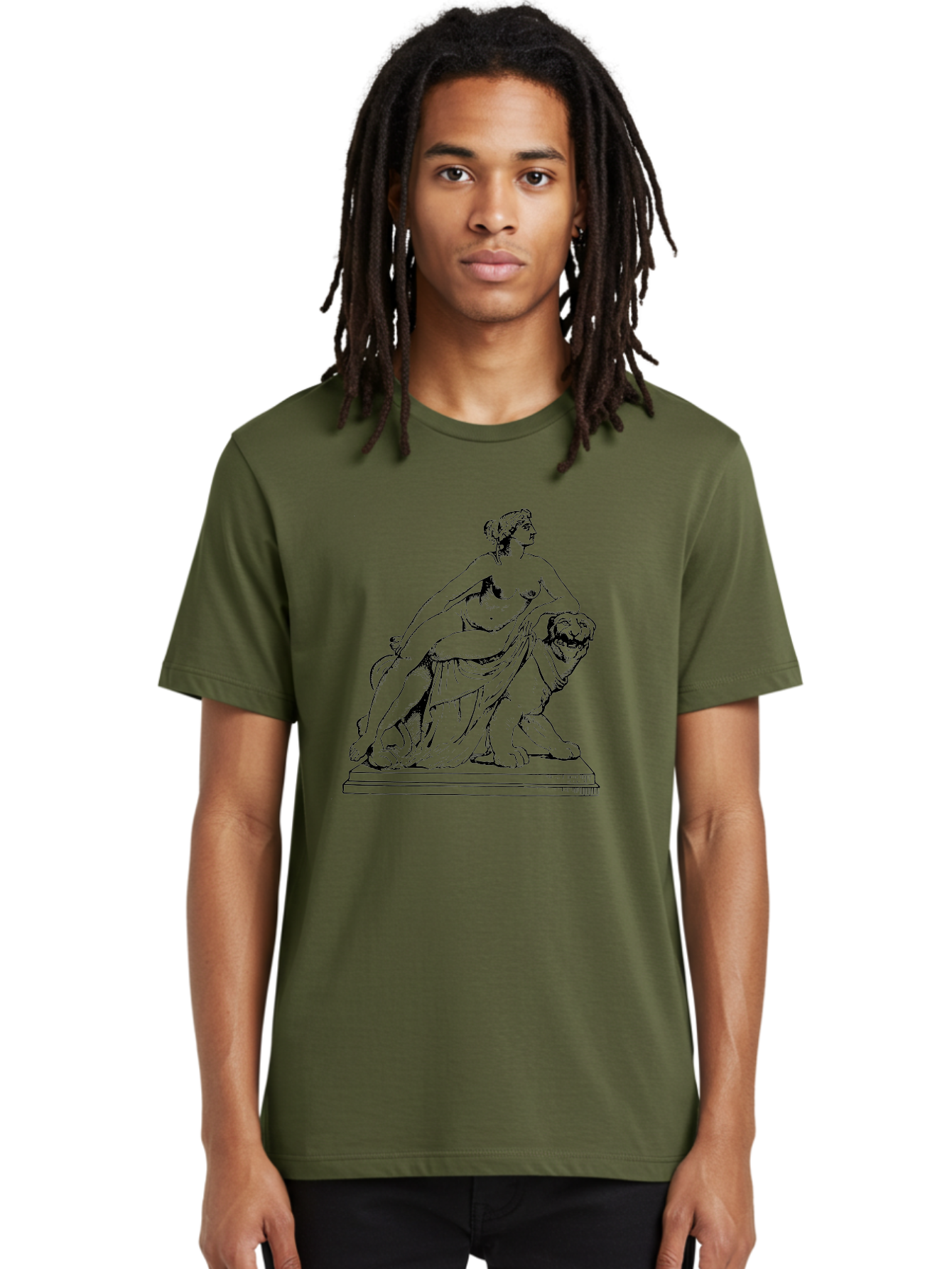 Aphrodite-Riding-Lion Men'S Graphic Tee, 100% Cotton, Comfortable Casual Summer Wear, Machine Washable, Classical Art, Greek Mythology, Female Figure, Lion Statue, Nude Woman, Goddess Aphrodite, Sensual Pose, Elegant Draping, -  Aaa514