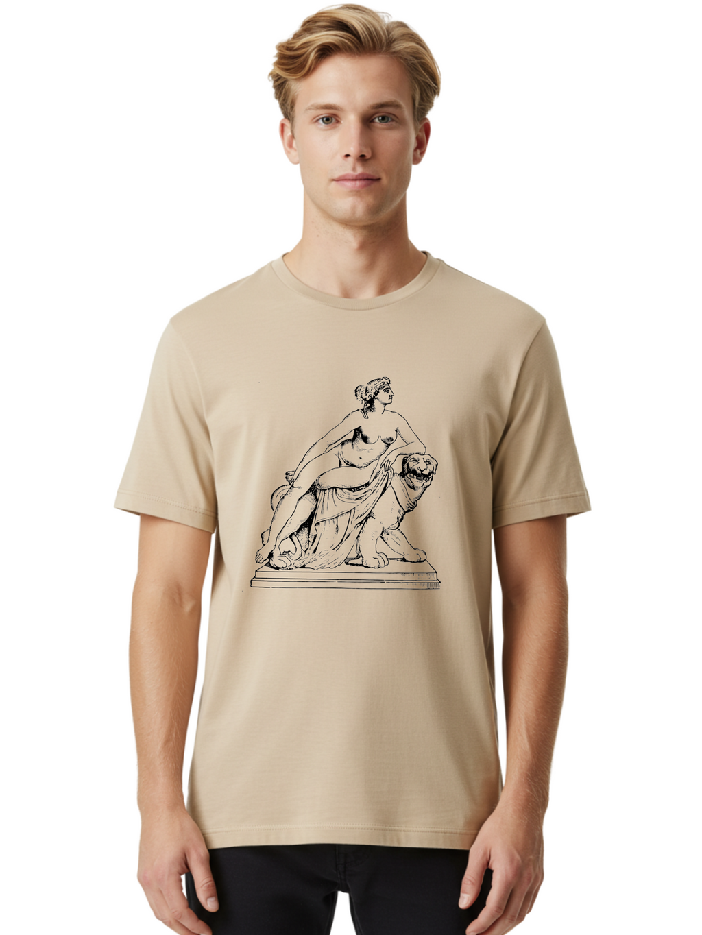 Aphrodite-Riding-Lion Men'S Graphic Tee, 100% Cotton, Comfortable Casual Summer Wear, Machine Washable, Classical Art, Greek Mythology, Female Figure, Lion Statue, Nude Woman, Goddess Aphrodite, Sensual Pose, Elegant Draping, -  Aaa514
