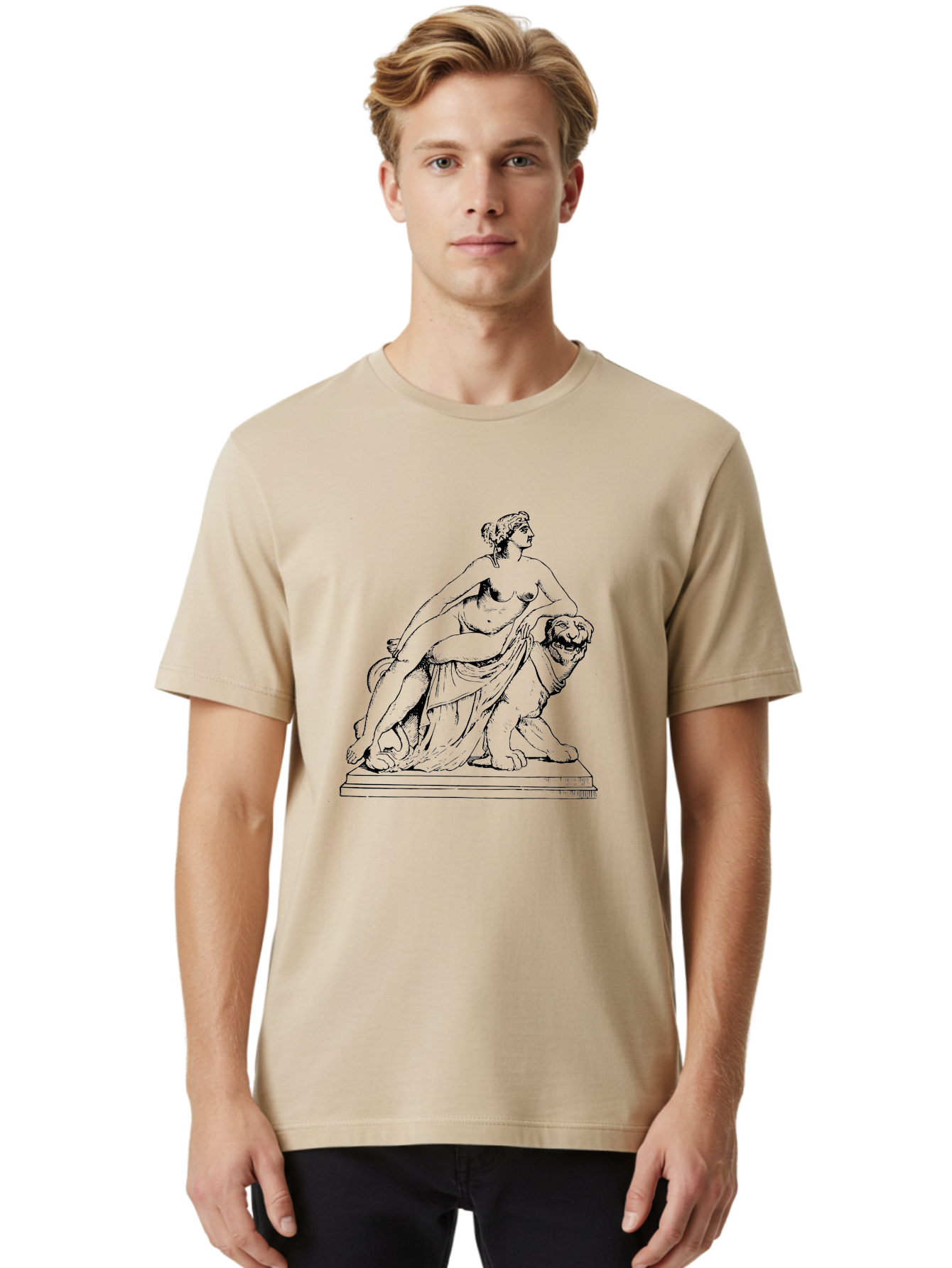 Aphrodite-Riding-Lion Men'S Graphic Tee, 100% Cotton, Comfortable Casual Summer Wear, Machine Washable, Classical Art, Greek Mythology, Female Figure, Lion Statue, Nude Woman, Goddess Aphrodite, Sensual Pose, Elegant Draping, -  Aaa514