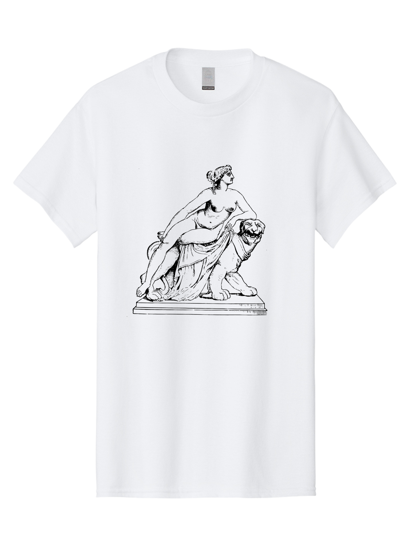 Aphrodite-Riding-Lion Men'S Graphic Tee, 100% Cotton, Comfortable Casual Summer Wear, Machine Washable, Classical Art, Greek Mythology, Female Figure, Lion Statue, Nude Woman, Goddess Aphrodite, Sensual Pose, Elegant Draping, -  Aaa514