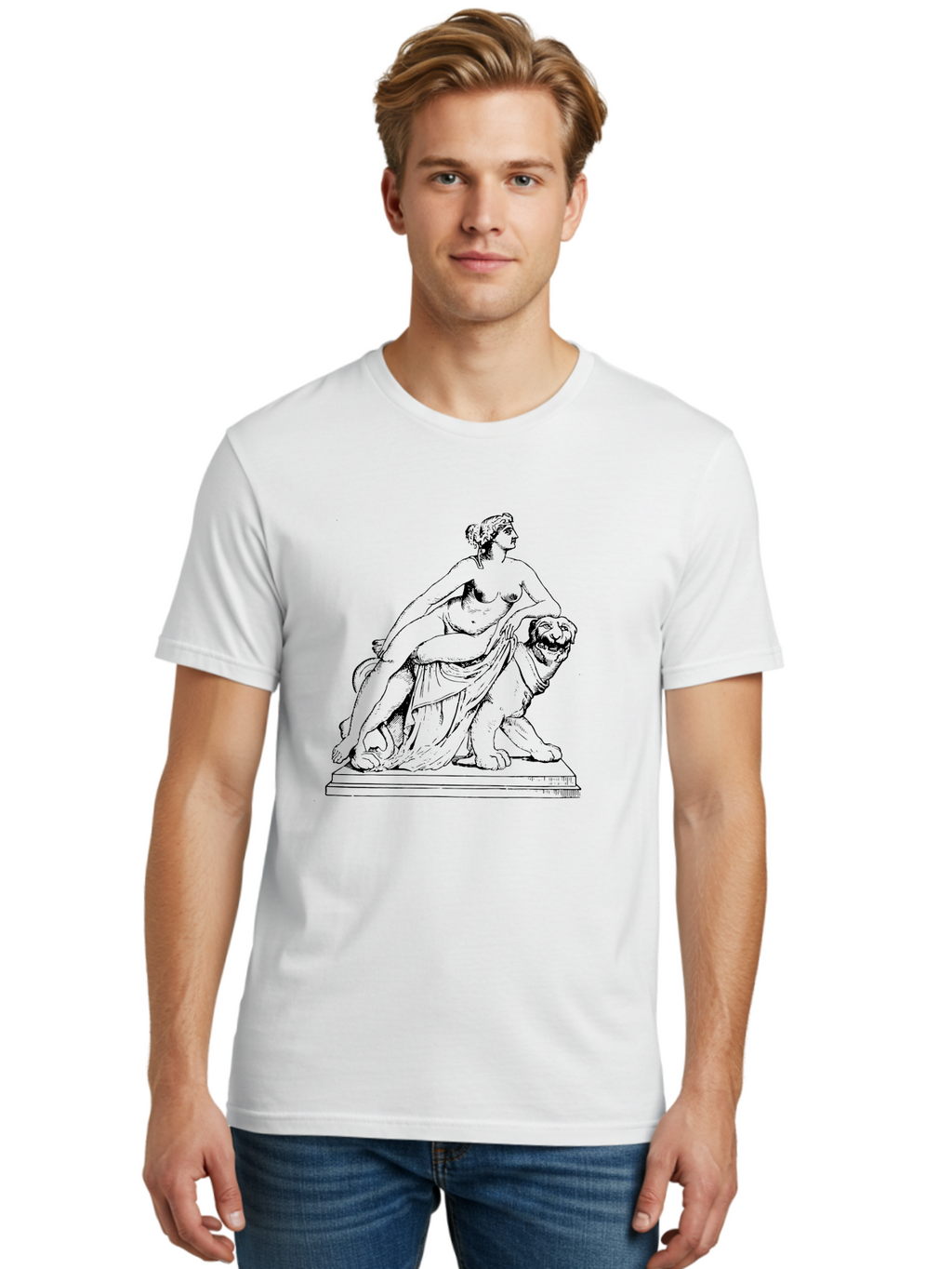Aphrodite-Riding-Lion Men'S Graphic Tee, 100% Cotton, Comfortable Casual Summer Wear, Machine Washable, Classical Art, Greek Mythology, Female Figure, Lion Statue, Nude Woman, Goddess Aphrodite, Sensual Pose, Elegant Draping, -  Aaa514