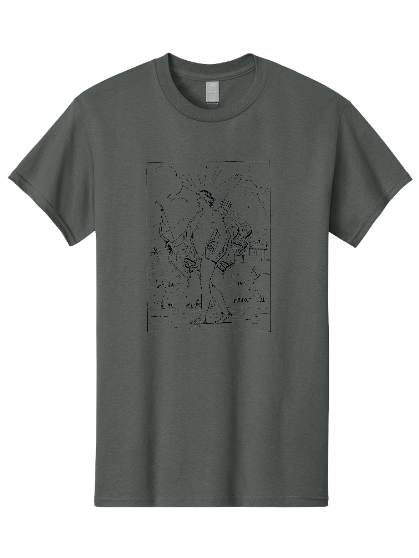 Apollo Men'S Graphic Tee, 100% Cotton, Comfortable Casual Summer Wear, Machine Washable, Classical Art, Greek Mythology, Archery, Nude Figure, Landscape, Palm Trees, Clouds, Birds, Temple, Historical Scene, Artistic Representation -  Aaa515