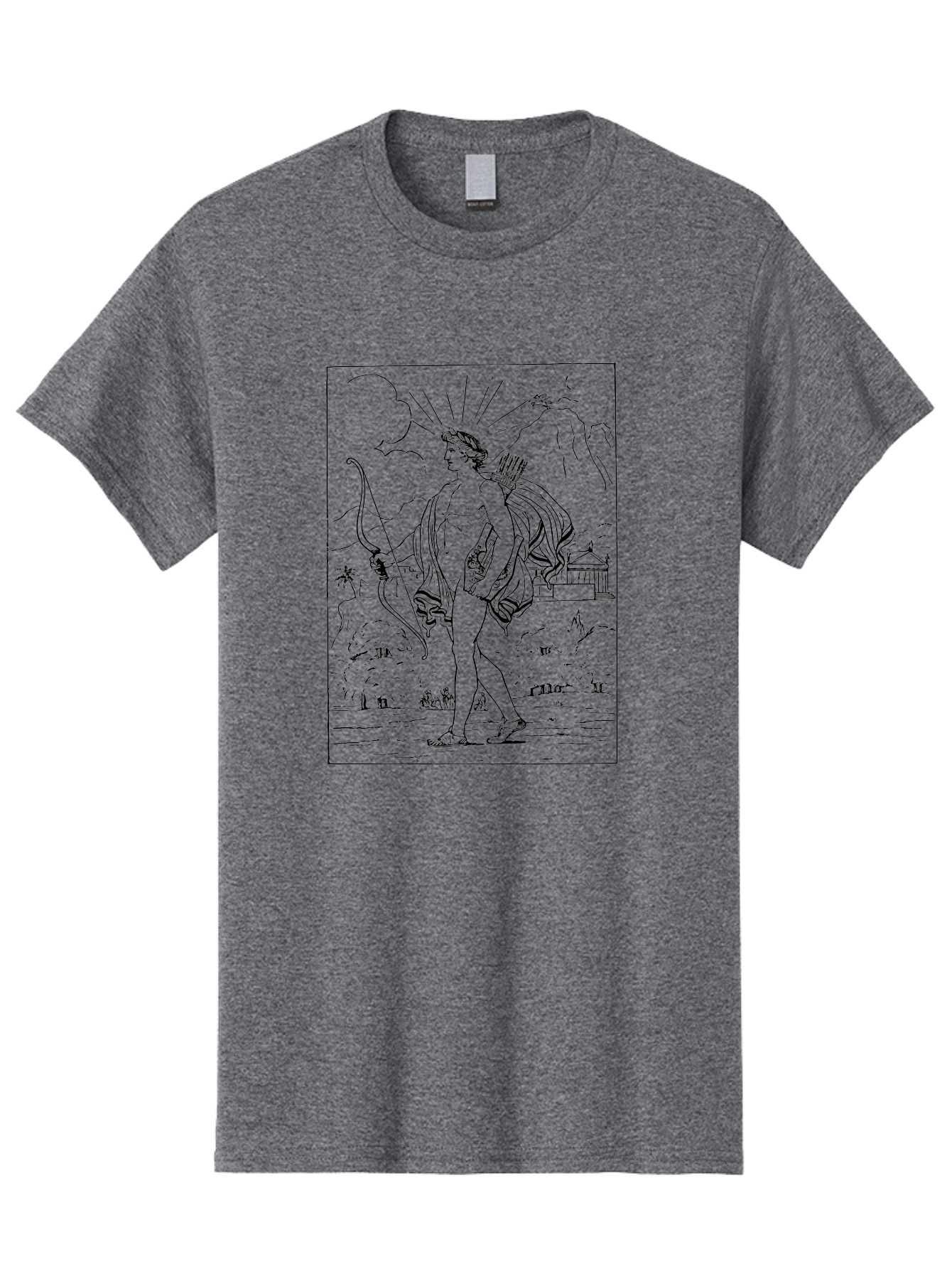 Apollo Men'S Graphic Tee, 100% Cotton, Comfortable Casual Summer Wear, Machine Washable, Classical Art, Greek Mythology, Archery, Nude Figure, Landscape, Palm Trees, Clouds, Birds, Temple, Historical Scene, Artistic Representation -  Aaa515