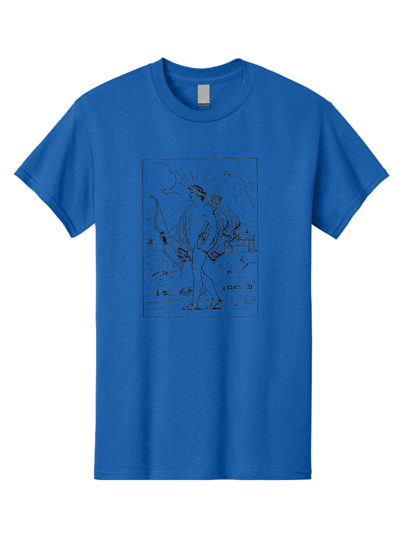 Apollo Men'S Graphic Tee, 100% Cotton, Comfortable Casual Summer Wear, Machine Washable, Classical Art, Greek Mythology, Archery, Nude Figure, Landscape, Palm Trees, Clouds, Birds, Temple, Historical Scene, Artistic Representation -  Aaa515