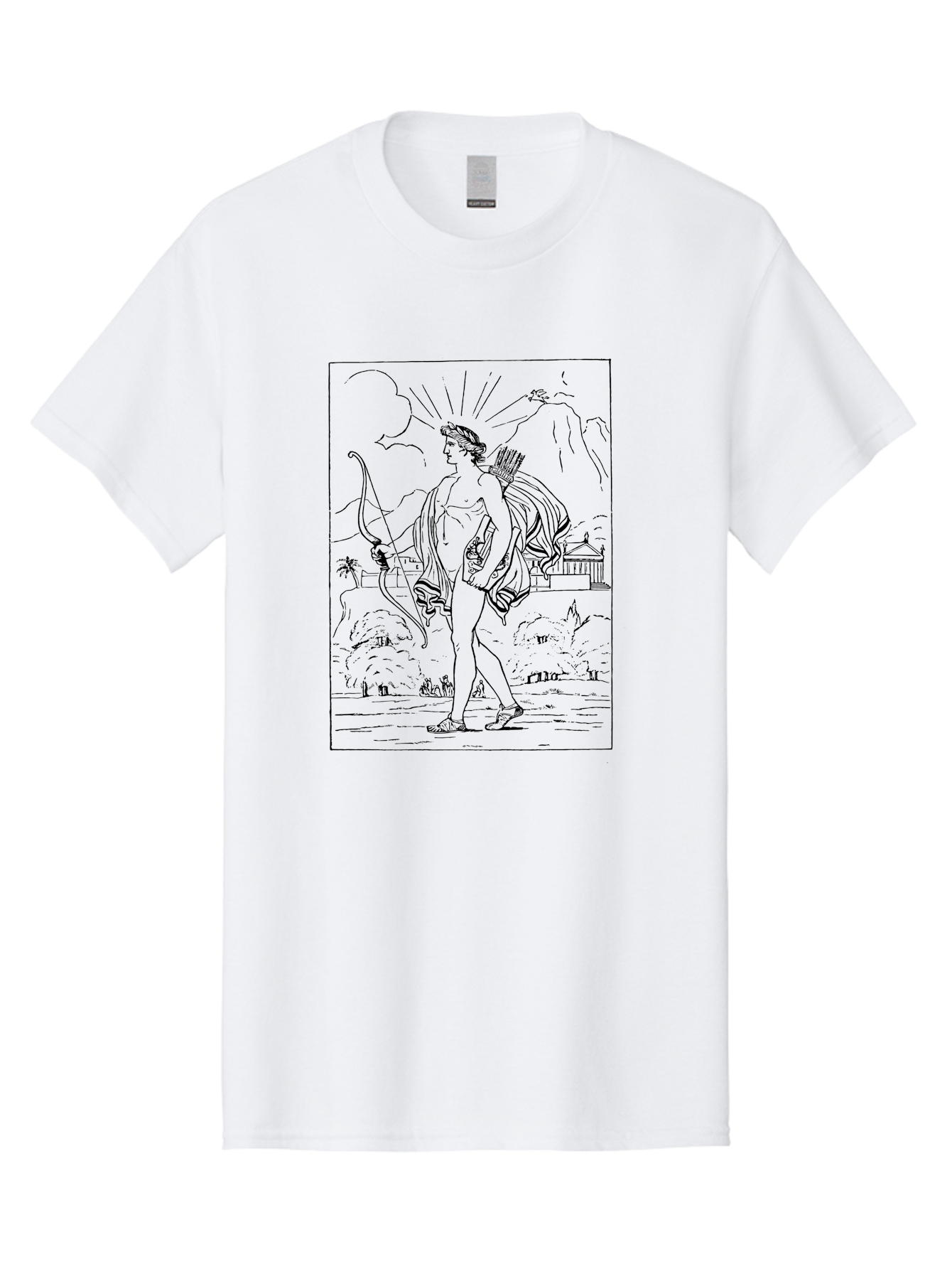 Apollo Men'S Graphic Tee, 100% Cotton, Comfortable Casual Summer Wear, Machine Washable, Classical Art, Greek Mythology, Archery, Nude Figure, Landscape, Palm Trees, Clouds, Birds, Temple, Historical Scene, Artistic Representation -  Aaa515