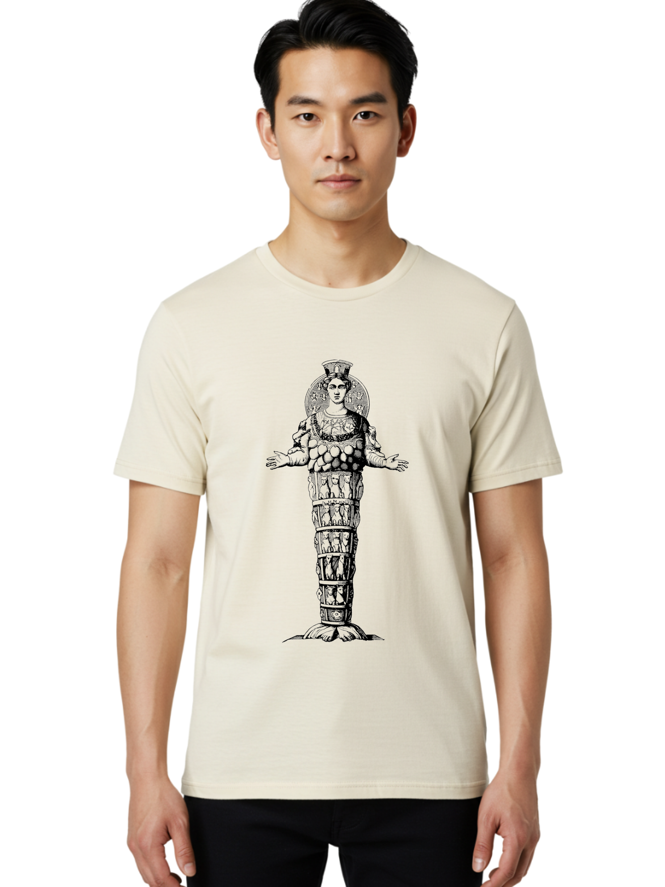 Artemis-Of-Ephesus Men'S Graphic Tee, 100% Cotton, Comfortable Casual Summer Wear, Machine Washable, Ancient Greek Goddess, Ephesian Artemis, Fertility Symbol, Multiple Breasts, Ornate Headdress, Mystical Aura, Historical Artifact, -  Aaa516