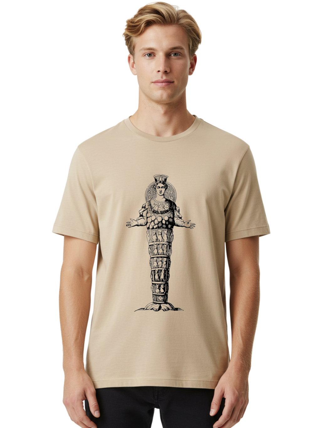 Artemis-Of-Ephesus Men'S Graphic Tee, 100% Cotton, Comfortable Casual Summer Wear, Machine Washable, Ancient Greek Goddess, Ephesian Artemis, Fertility Symbol, Multiple Breasts, Ornate Headdress, Mystical Aura, Historical Artifact, -  Aaa516