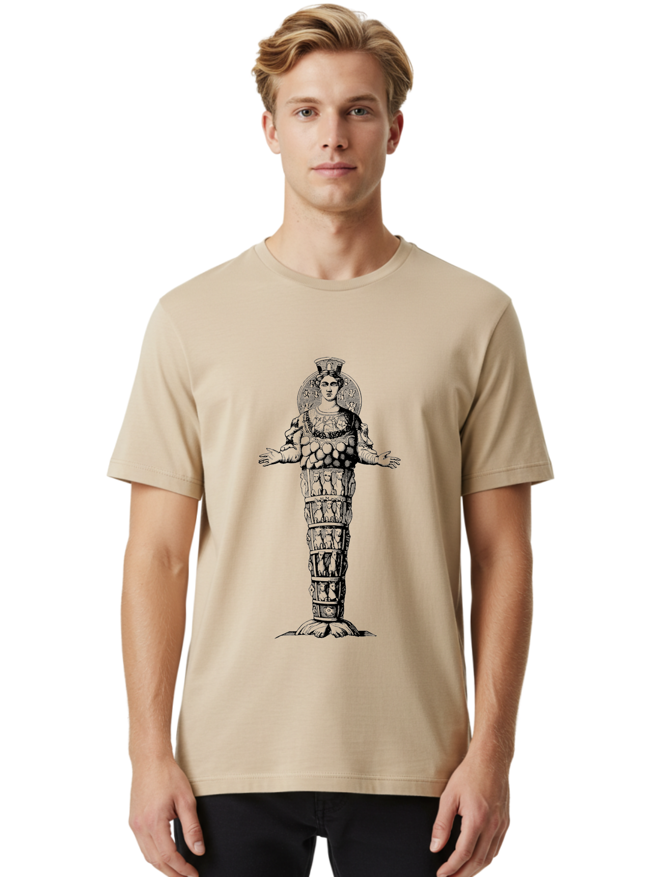 Artemis-Of-Ephesus Men'S Graphic Tee, 100% Cotton, Comfortable Casual Summer Wear, Machine Washable, Ancient Greek Goddess, Ephesian Artemis, Fertility Symbol, Multiple Breasts, Ornate Headdress, Mystical Aura, Historical Artifact, -  Aaa516