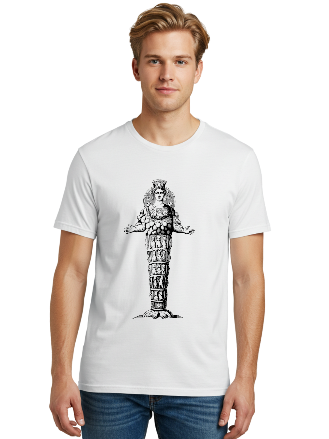 Artemis-Of-Ephesus Men'S Graphic Tee, 100% Cotton, Comfortable Casual Summer Wear, Machine Washable, Ancient Greek Goddess, Ephesian Artemis, Fertility Symbol, Multiple Breasts, Ornate Headdress, Mystical Aura, Historical Artifact, -  Aaa516