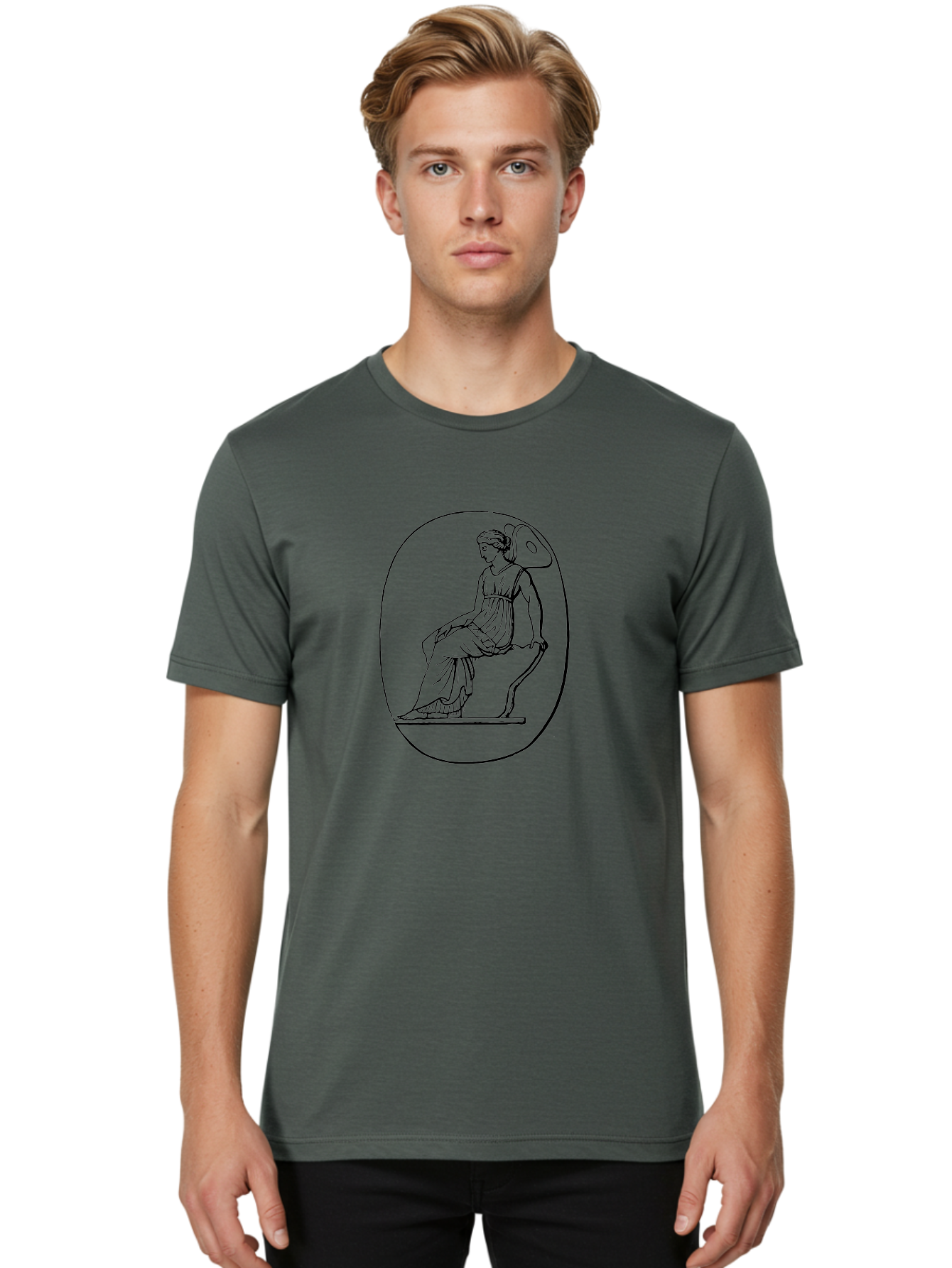 Athena-1 Men'S Graphic Tee, 100% Cotton, Comfortable Casual Summer Wear, Machine Washable, Woman Sitting On Chair, Ancient Greek Style, Classical Art, Feminine Figure, Relaxed Pose, Elegant Design, Minimalist Line Art, -  Aaa517