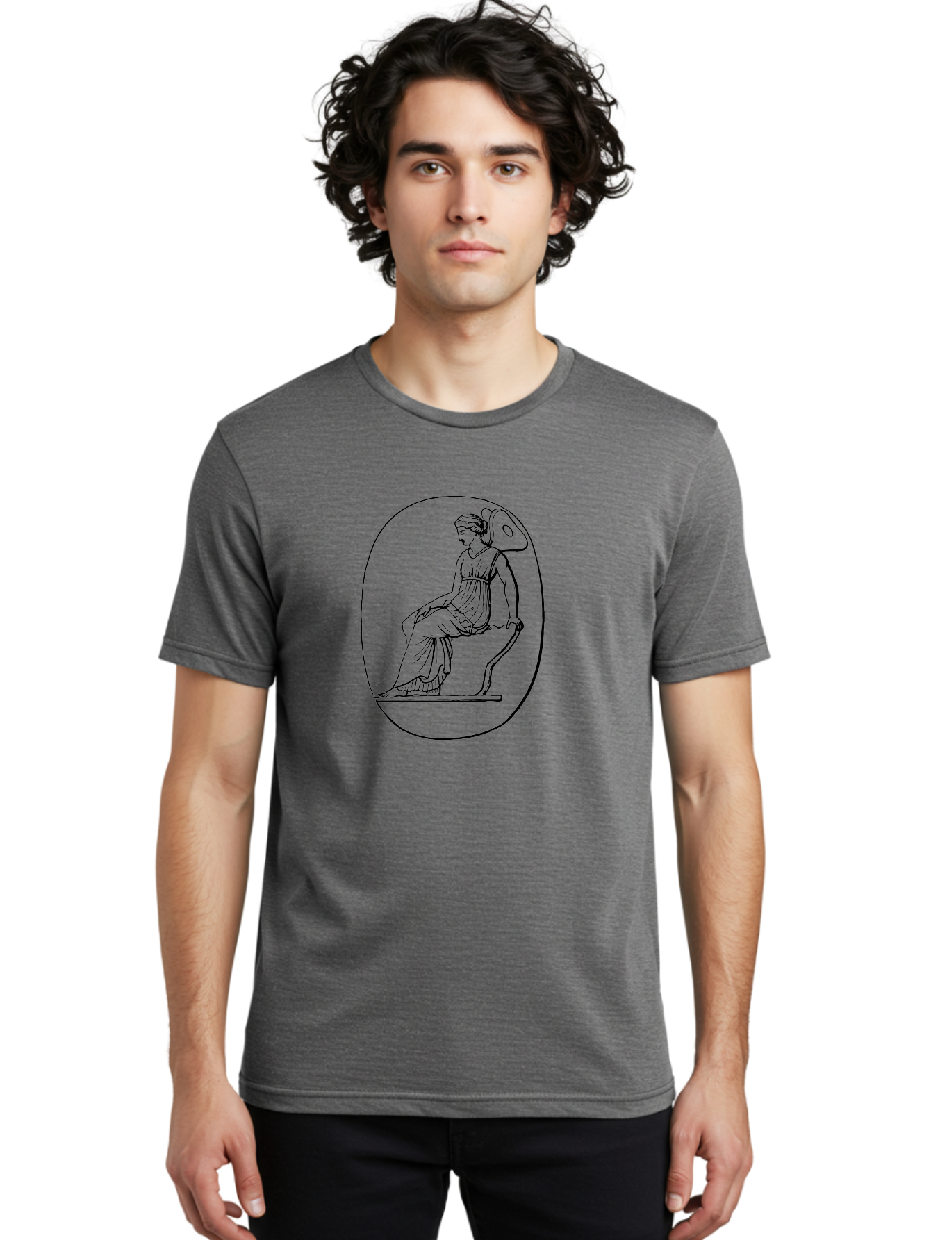 Athena-1 Men'S Graphic Tee, 100% Cotton, Comfortable Casual Summer Wear, Machine Washable, Woman Sitting On Chair, Ancient Greek Style, Classical Art, Feminine Figure, Relaxed Pose, Elegant Design, Minimalist Line Art, -  Aaa517