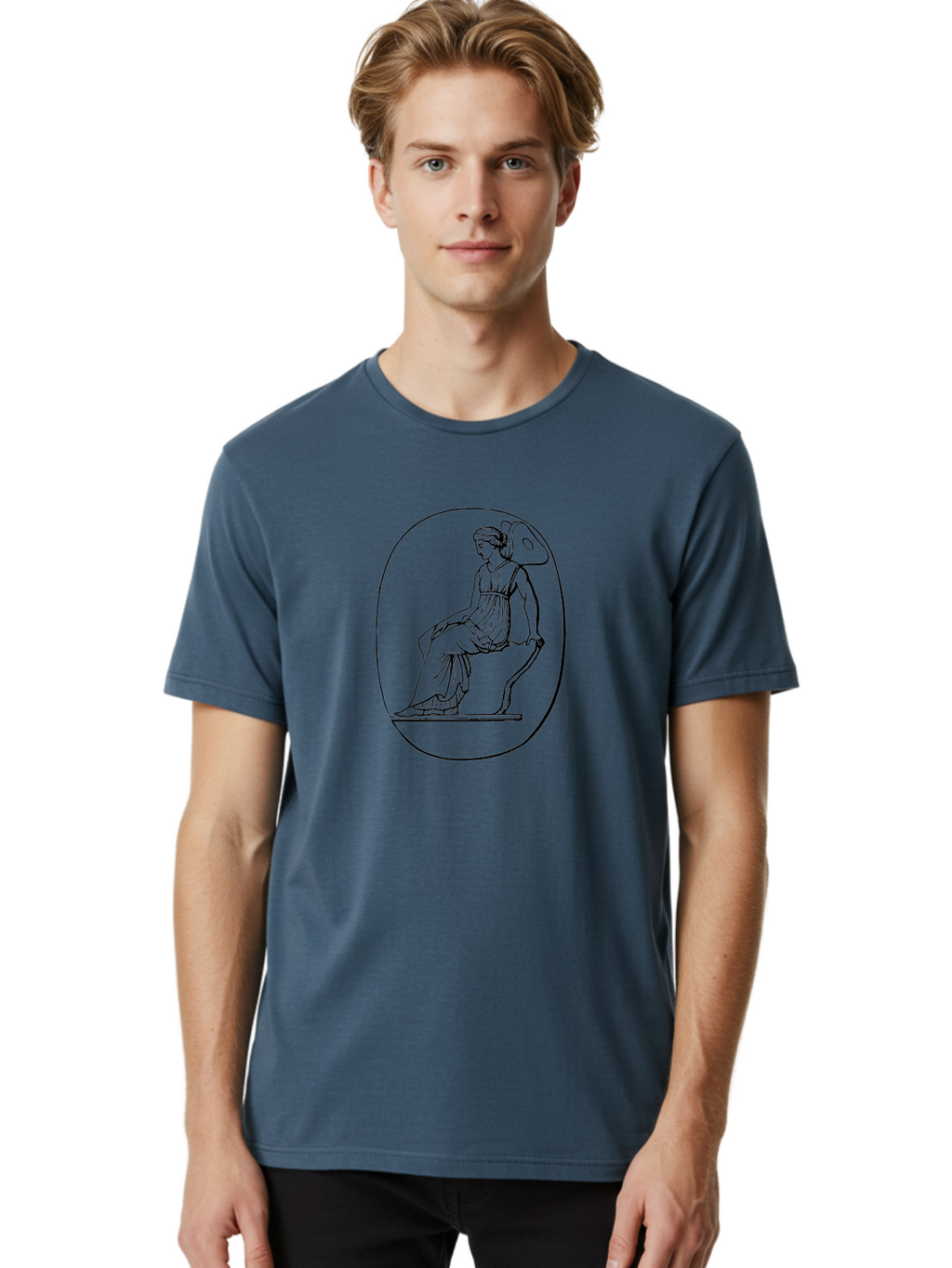 Athena-1 Men'S Graphic Tee, 100% Cotton, Comfortable Casual Summer Wear, Machine Washable, Woman Sitting On Chair, Ancient Greek Style, Classical Art, Feminine Figure, Relaxed Pose, Elegant Design, Minimalist Line Art, -  Aaa517