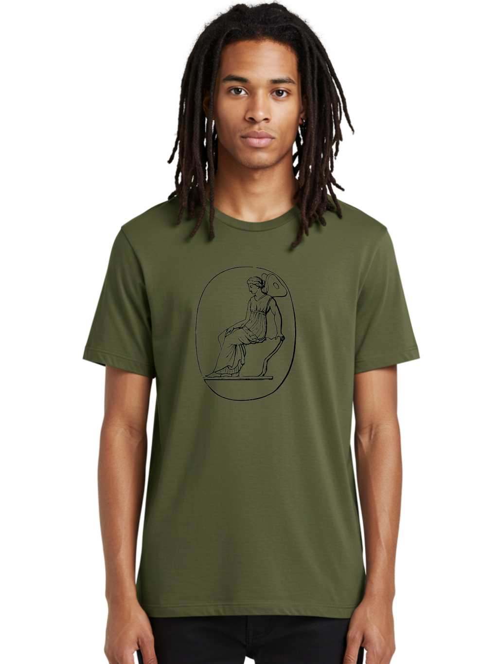 Athena-1 Men'S Graphic Tee, 100% Cotton, Comfortable Casual Summer Wear, Machine Washable, Woman Sitting On Chair, Ancient Greek Style, Classical Art, Feminine Figure, Relaxed Pose, Elegant Design, Minimalist Line Art, -  Aaa517