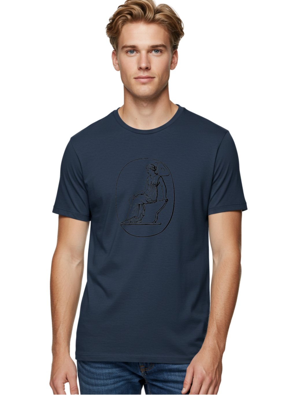 Athena-1 Men'S Graphic Tee, 100% Cotton, Comfortable Casual Summer Wear, Machine Washable, Woman Sitting On Chair, Ancient Greek Style, Classical Art, Feminine Figure, Relaxed Pose, Elegant Design, Minimalist Line Art, -  Aaa517