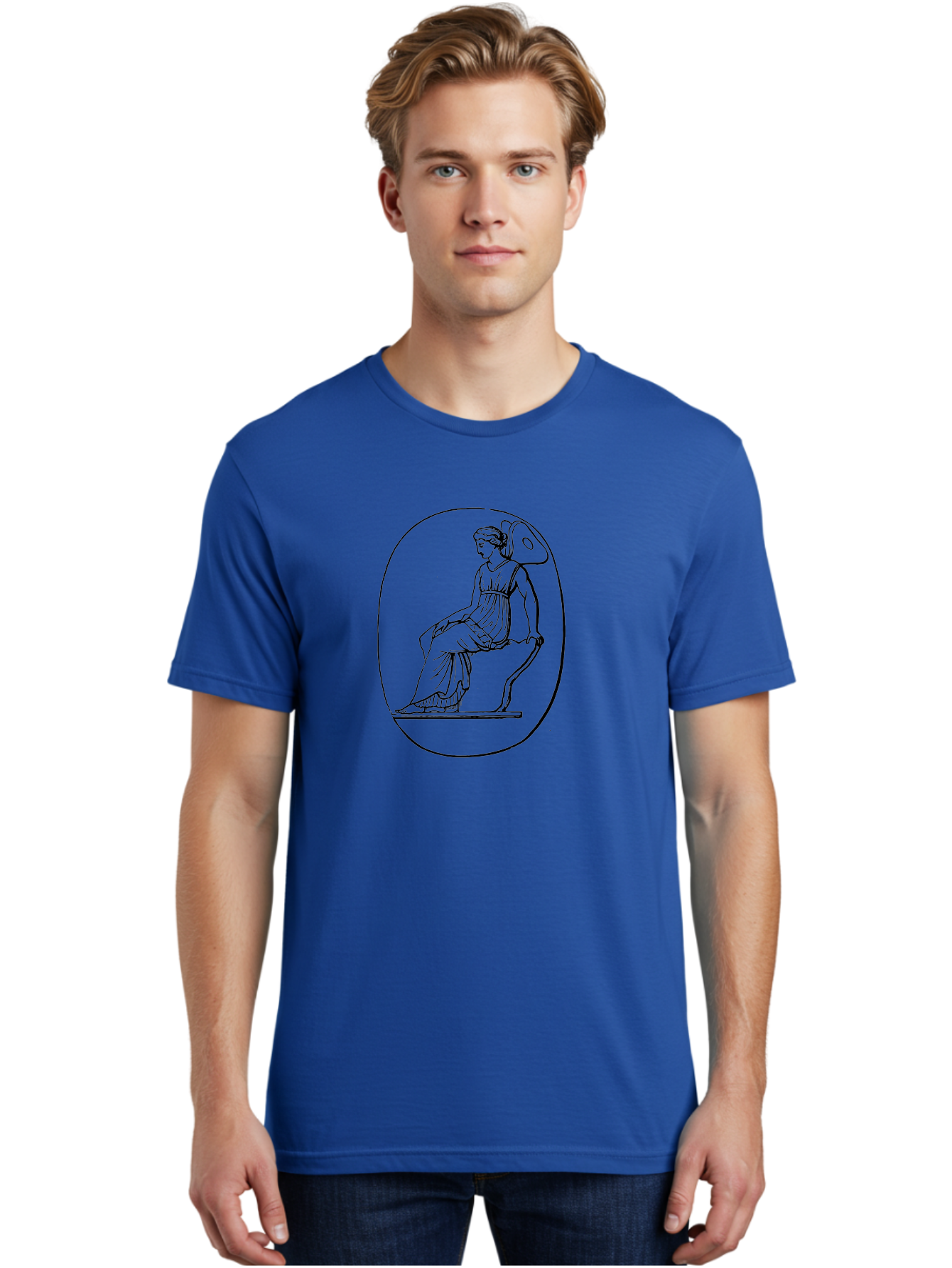 Athena-1 Men'S Graphic Tee, 100% Cotton, Comfortable Casual Summer Wear, Machine Washable, Woman Sitting On Chair, Ancient Greek Style, Classical Art, Feminine Figure, Relaxed Pose, Elegant Design, Minimalist Line Art, -  Aaa517