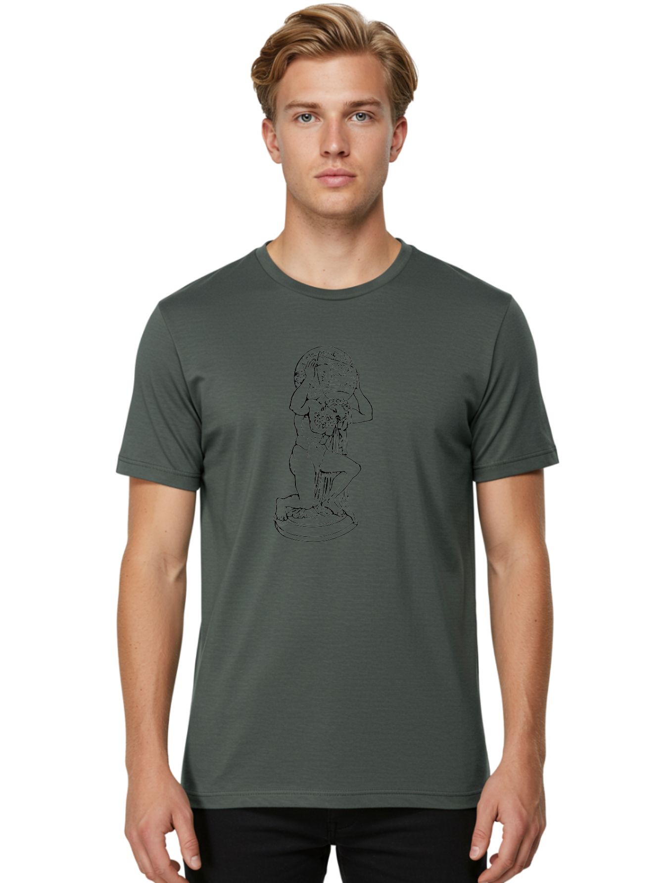 Atlas-Holding-Globe Men'S Graphic Tee, 100% Cotton, Comfortable Casual Summer Wear, Machine Washable, Statue Of Atlas, Greek Mythology, Holding The World, Classical Art, Mythological Figure, Ancient Greek Culture, Symbolic Representation -  Aaa519