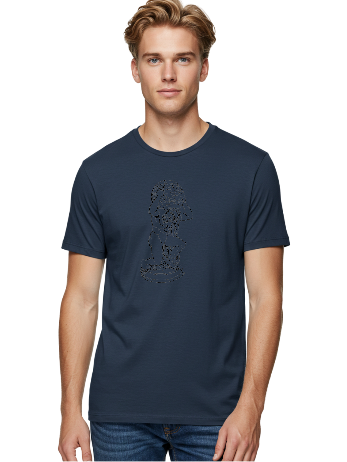 Atlas-Holding-Globe Men'S Graphic Tee, 100% Cotton, Comfortable Casual Summer Wear, Machine Washable, Statue Of Atlas, Greek Mythology, Holding The World, Classical Art, Mythological Figure, Ancient Greek Culture, Symbolic Representation -  Aaa519