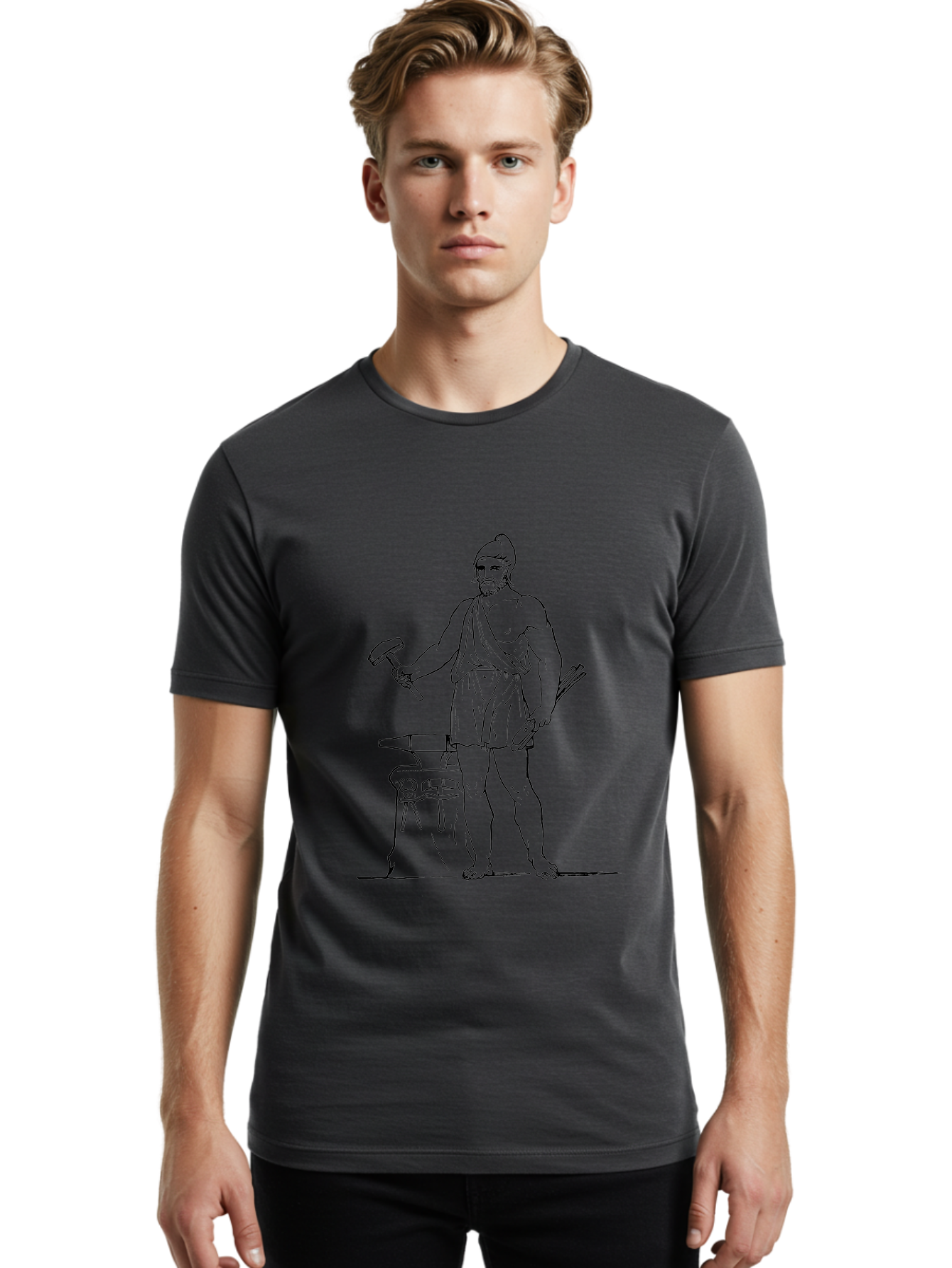 Blacksmith Men'S Graphic Tee, 100% Cotton, Comfortable Casual Summer Wear, Machine Washable, Ancient Greek Blacksmith, Hephaestus, Hammer In Hand, Standing By Anvil, God Of Fire, Mythology, Craftsmanship, Metalwork, Godly Attire, Beard -  Aaa520