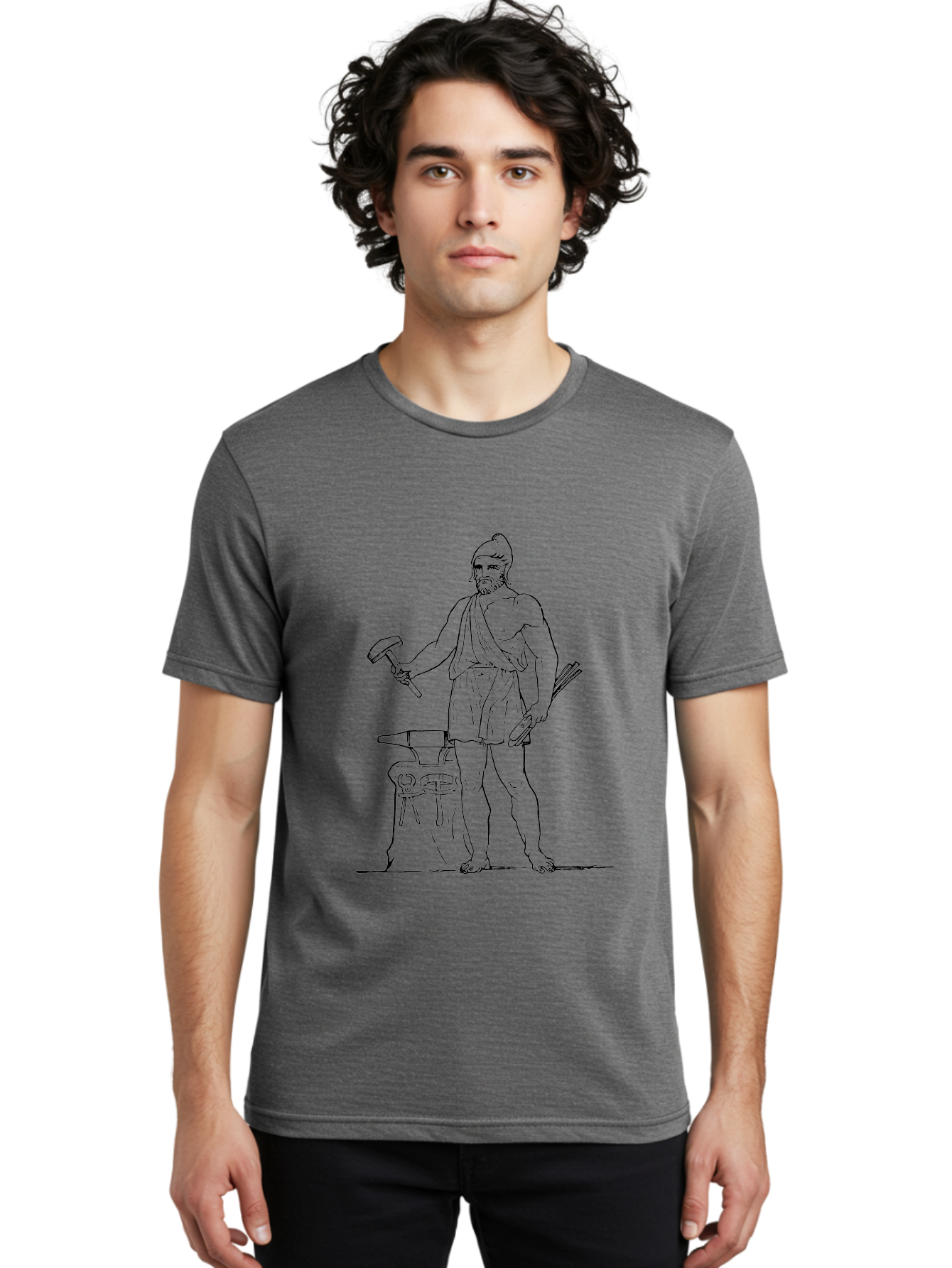 Blacksmith Men'S Graphic Tee, 100% Cotton, Comfortable Casual Summer Wear, Machine Washable, Ancient Greek Blacksmith, Hephaestus, Hammer In Hand, Standing By Anvil, God Of Fire, Mythology, Craftsmanship, Metalwork, Godly Attire, Beard -  Aaa520