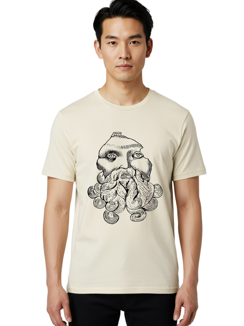 Brahma Men'S Graphic Tee, 100% Cotton, Comfortable Casual Summer Wear, Machine Washable, Mysterious Figure, Three-Eyed Man, Bearded Visage, Mystical Symbol, Abstract Art, Surreal Imagery, Intricate Details, Unique Illustration -  Aaa521