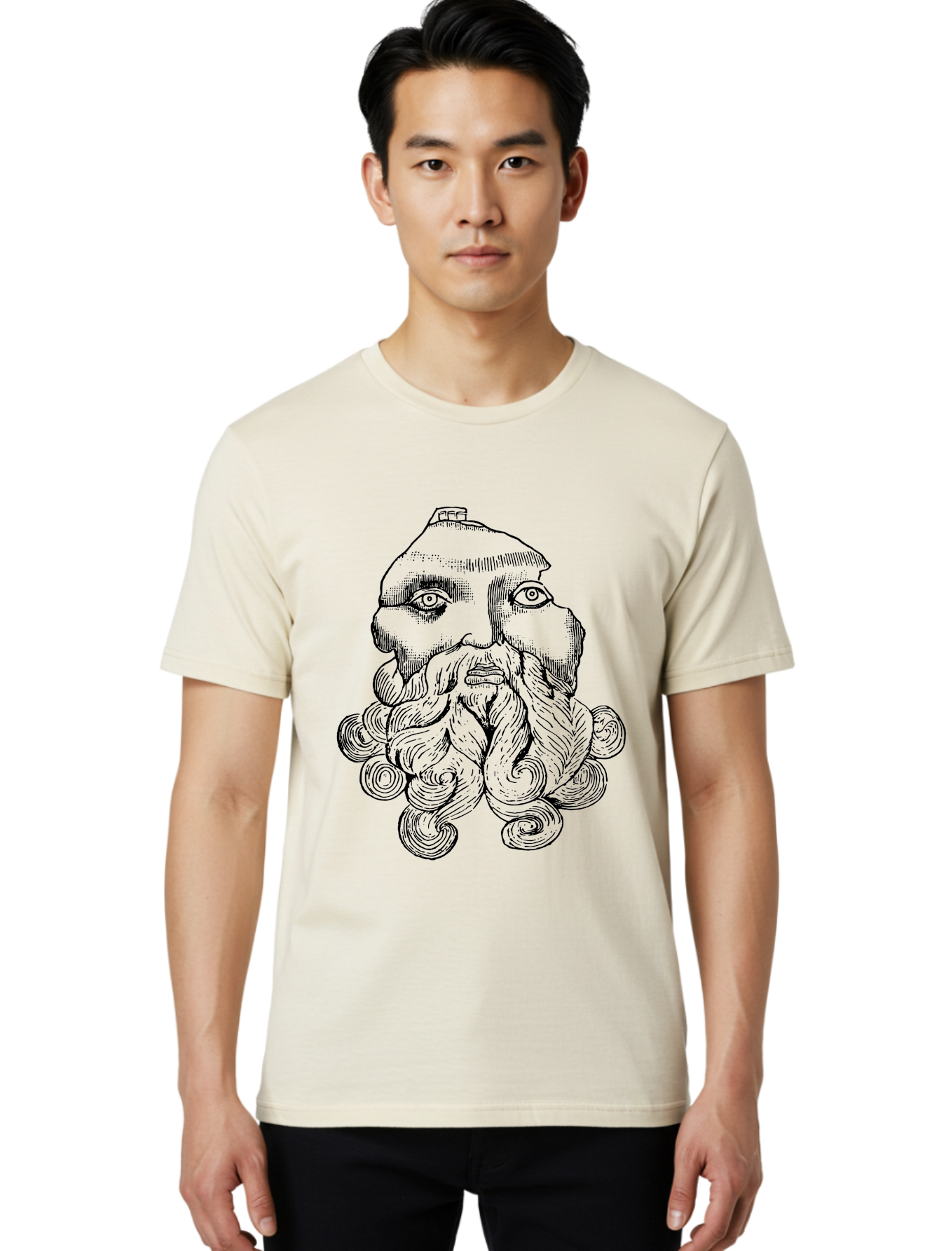 Brahma Men'S Graphic Tee, 100% Cotton, Comfortable Casual Summer Wear, Machine Washable, Mysterious Figure, Three-Eyed Man, Bearded Visage, Mystical Symbol, Abstract Art, Surreal Imagery, Intricate Details, Unique Illustration -  Aaa521