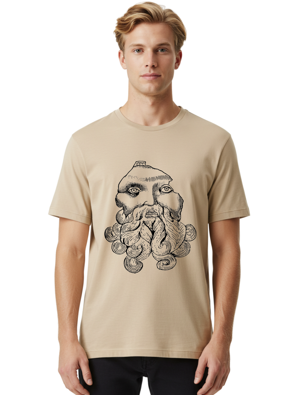 Brahma Men'S Graphic Tee, 100% Cotton, Comfortable Casual Summer Wear, Machine Washable, Mysterious Figure, Three-Eyed Man, Bearded Visage, Mystical Symbol, Abstract Art, Surreal Imagery, Intricate Details, Unique Illustration -  Aaa521