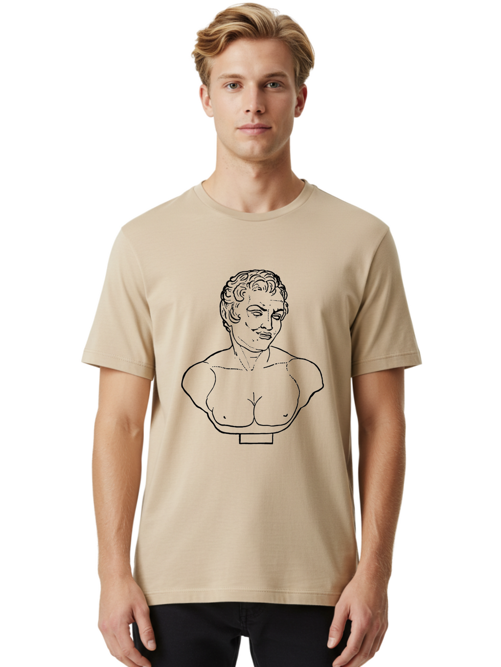 Bust-Of-Person Men'S Graphic Tee, 100% Cotton, Comfortable Casual Summer Wear, Machine Washable, Classical Bust, Stone Statue, Artwork, Illustration, Outline Art, Figure Sculpture, Classical Art, Artistic Drawing, Sketch Portrait -  Aaa522